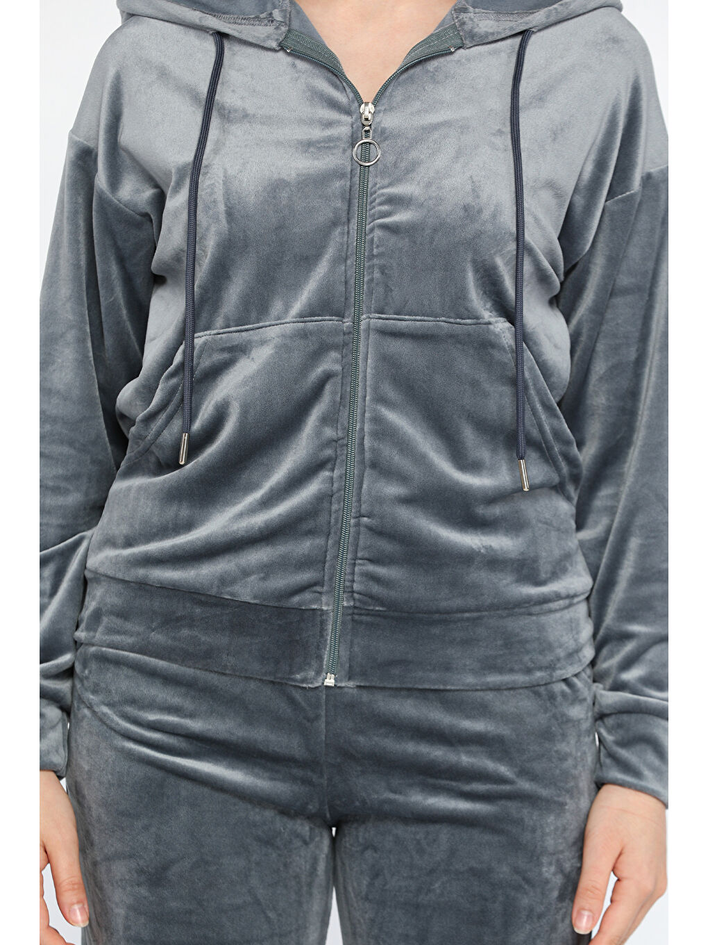 Gri Kadın Kadife Kapüşonlu Fermuarlı Sweat Pantolon İkili Takım-3