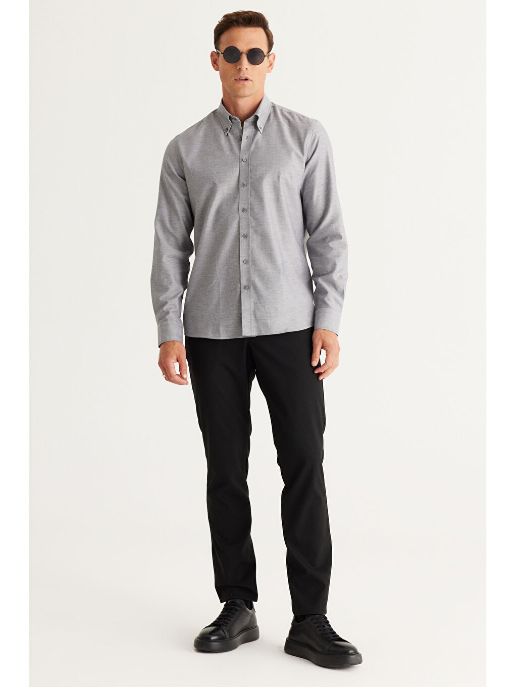 Erkek Gri Slim Fit Dar Kesim Düğmeli Yaka %100 Pamuk Oxford Gömlek-2