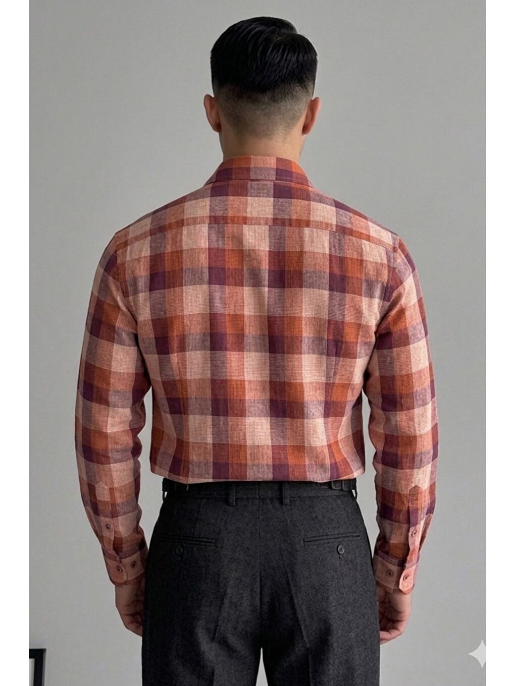 Turuncu Erkek Ekose Gömlek Slim Fit Pamuklu Uzun Kollu Günlük Gömlek-1