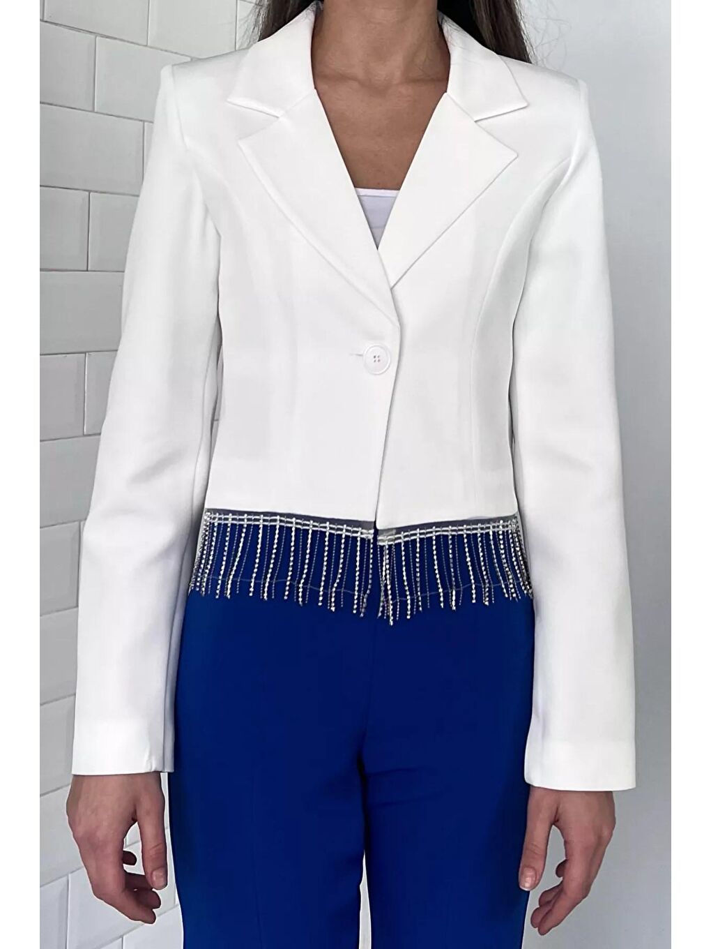 Ekru Kadın Sacak Taşlı Crop Blazer Ceket-1