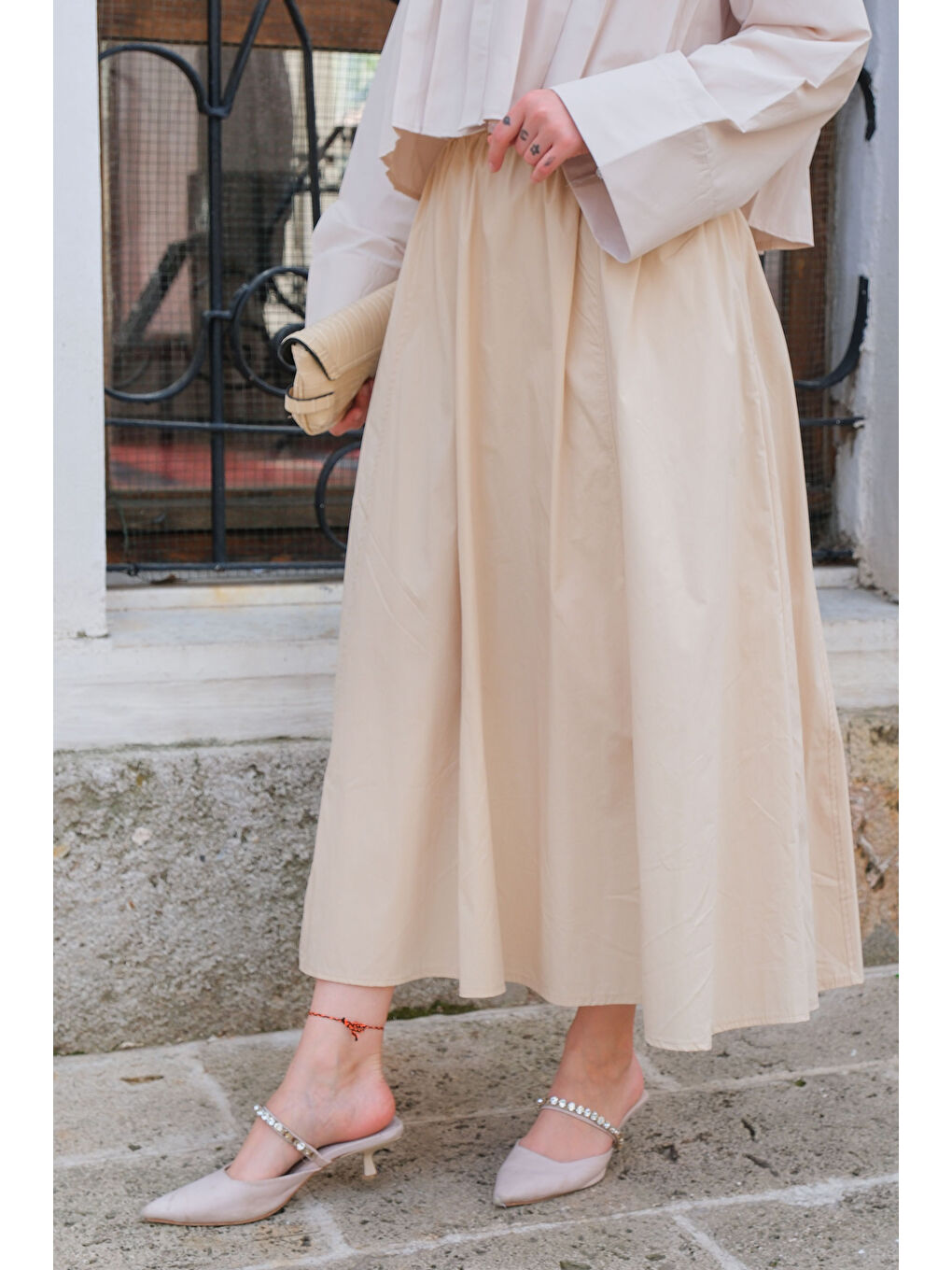 Ekru Kadın Bel Lastikli etek  Krem-1