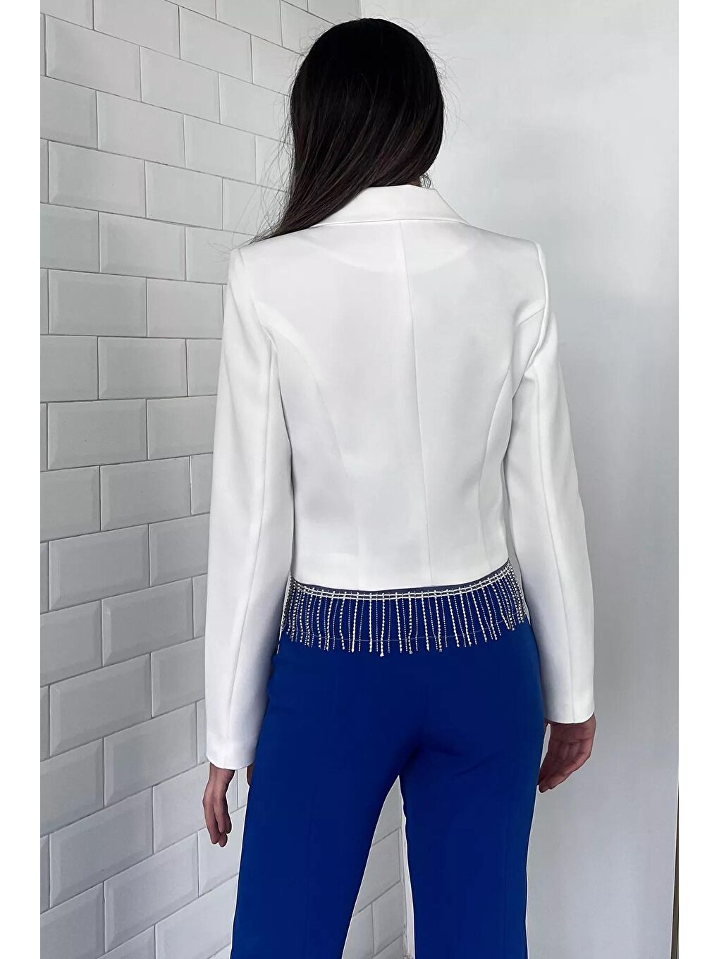 Ekru Kadın Sacak Taşlı Crop Blazer Ceket-2
