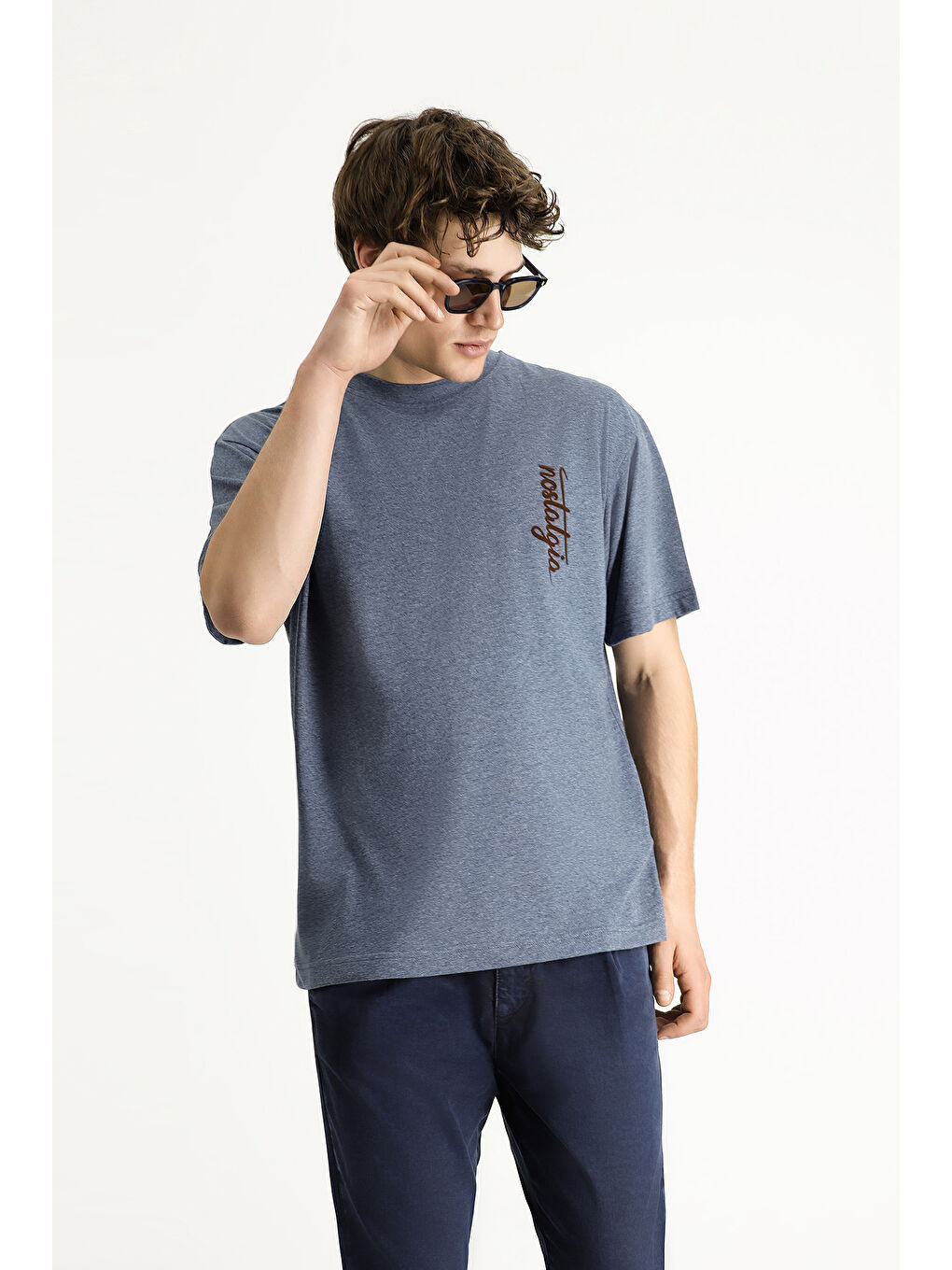 İndigo Bisiklet Yaka Oversize Baskılı Pamuk Tişört