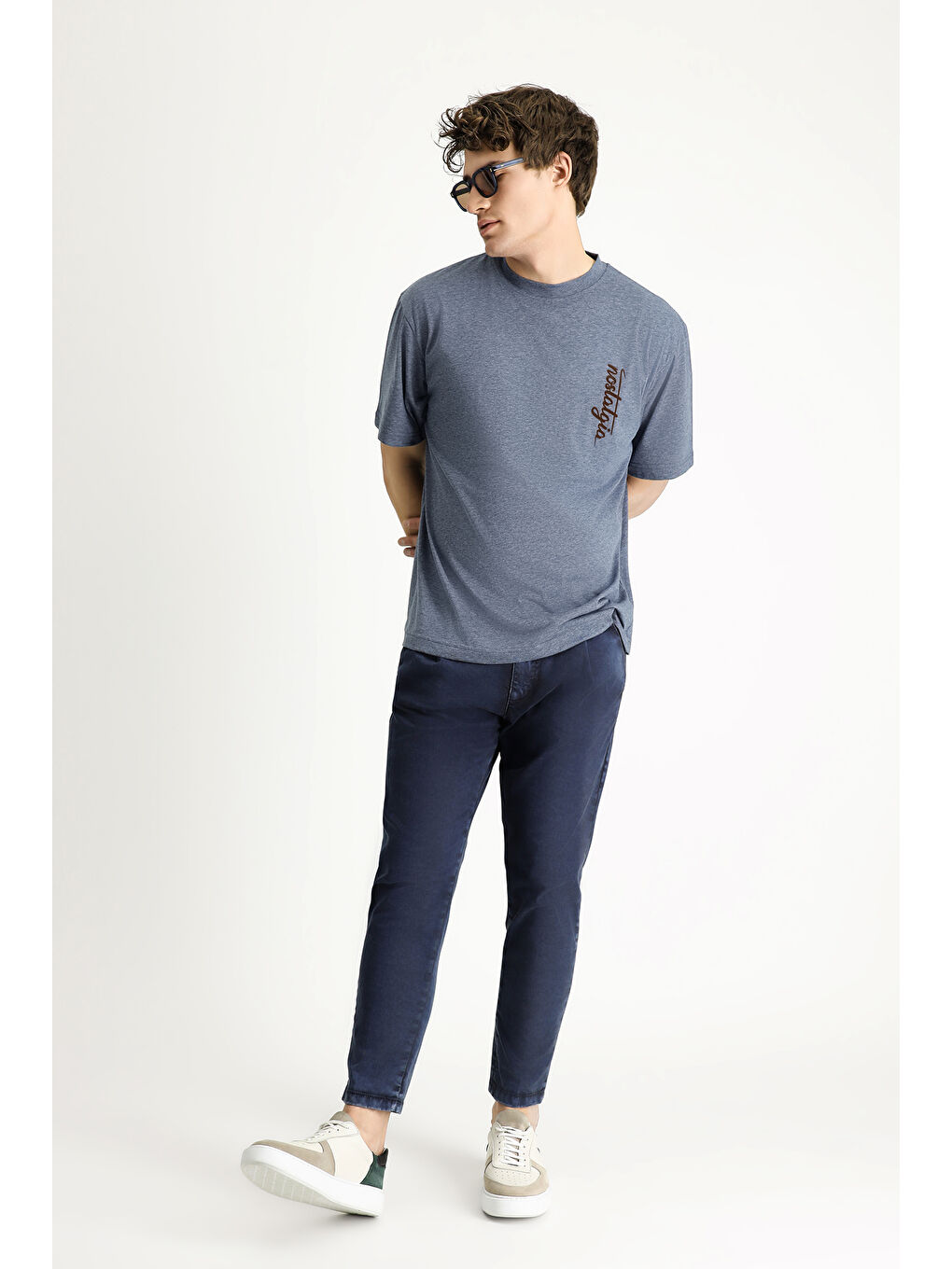 İndigo Bisiklet Yaka Oversize Baskılı Pamuk Tişört-1