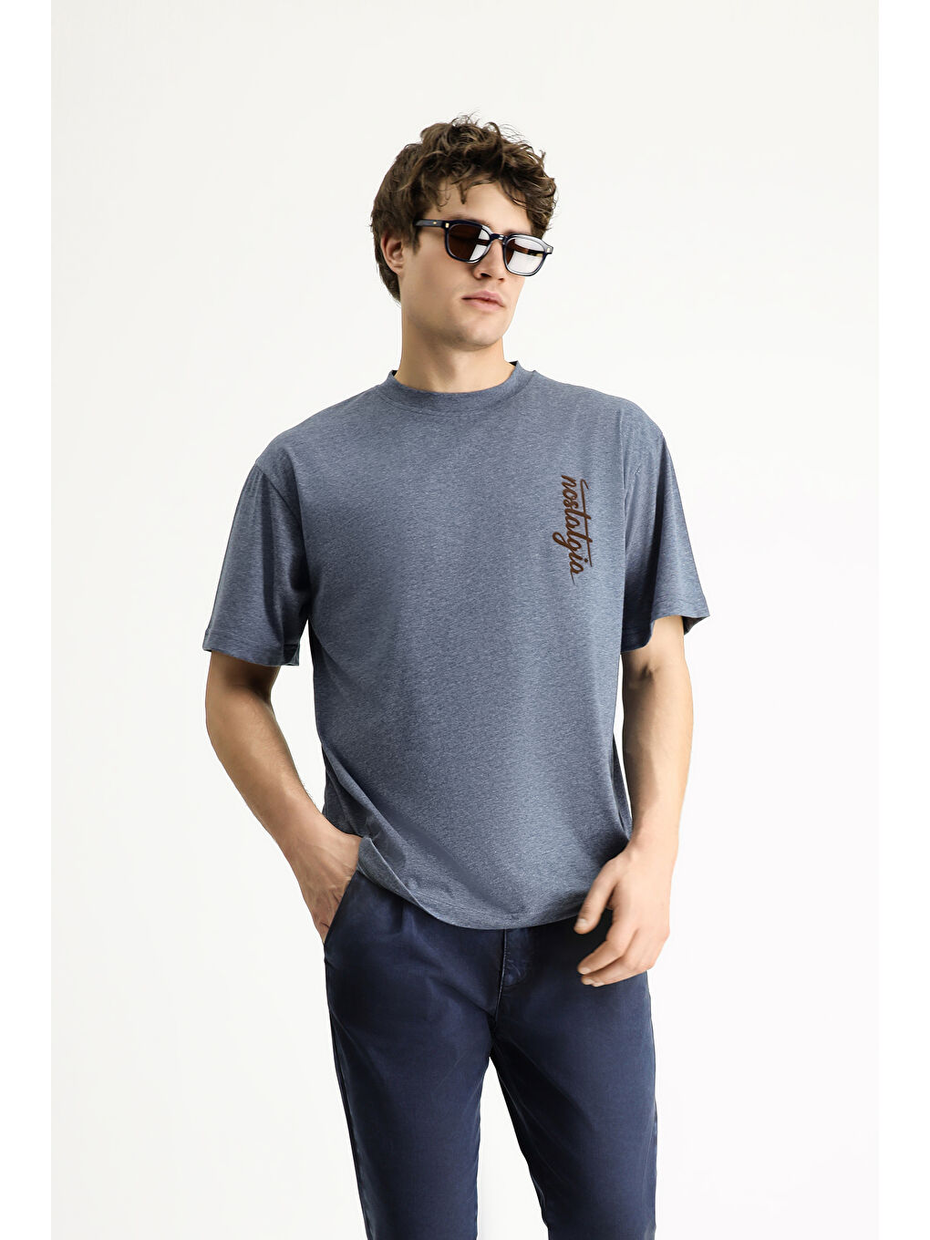 İndigo Bisiklet Yaka Oversize Baskılı Pamuk Tişört-2