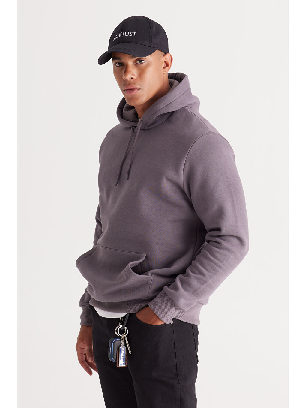 Erkek Koyu Gri Standart Fit Pamuklu Kapüşonlu Sweatshirt-1