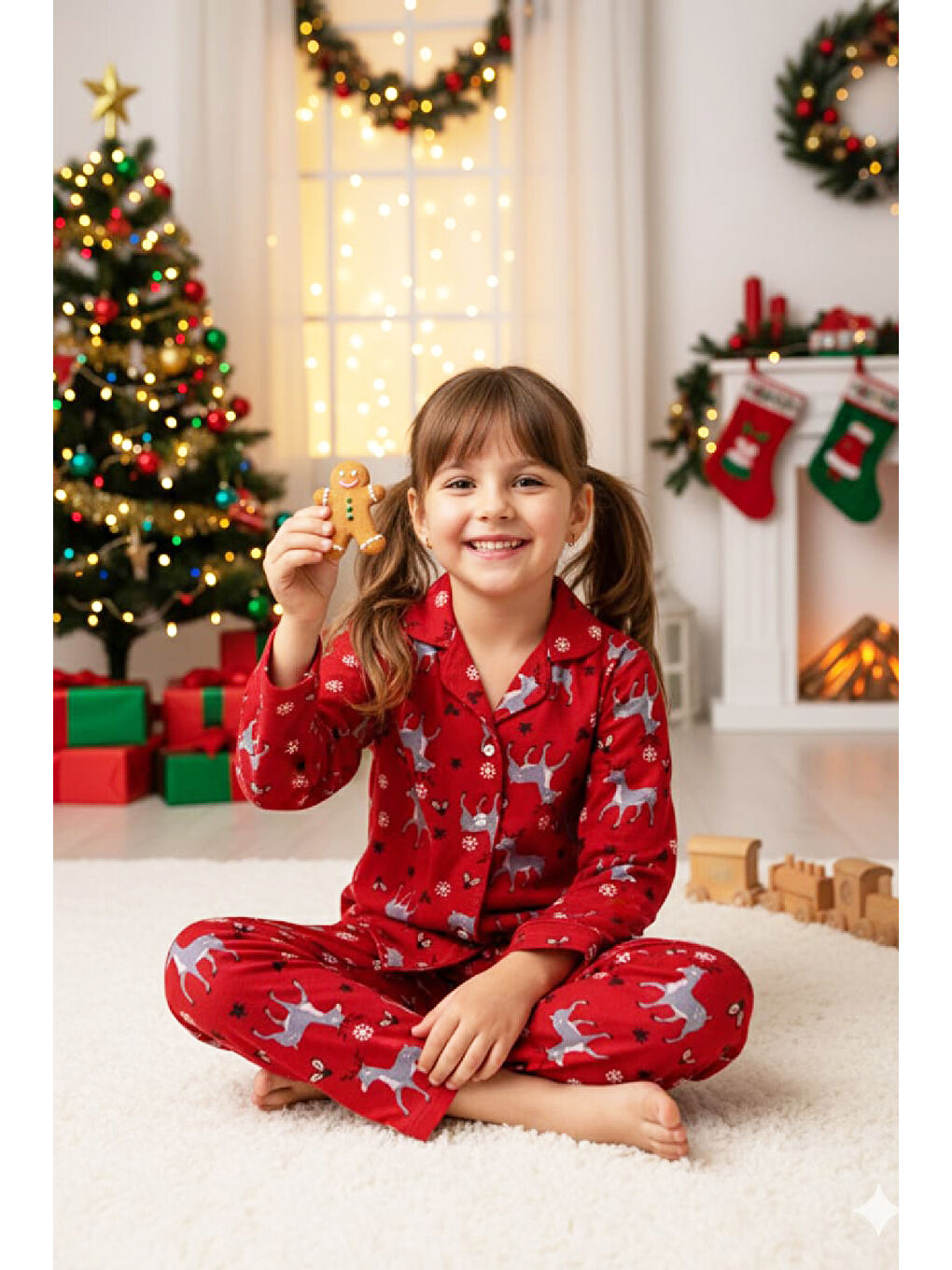 Kırmızı Kız Çocuk Pat Yakalı-Baskılı ve Düğme Kapamalı-%100 Pamuk Süet Pijama Takımı 12443