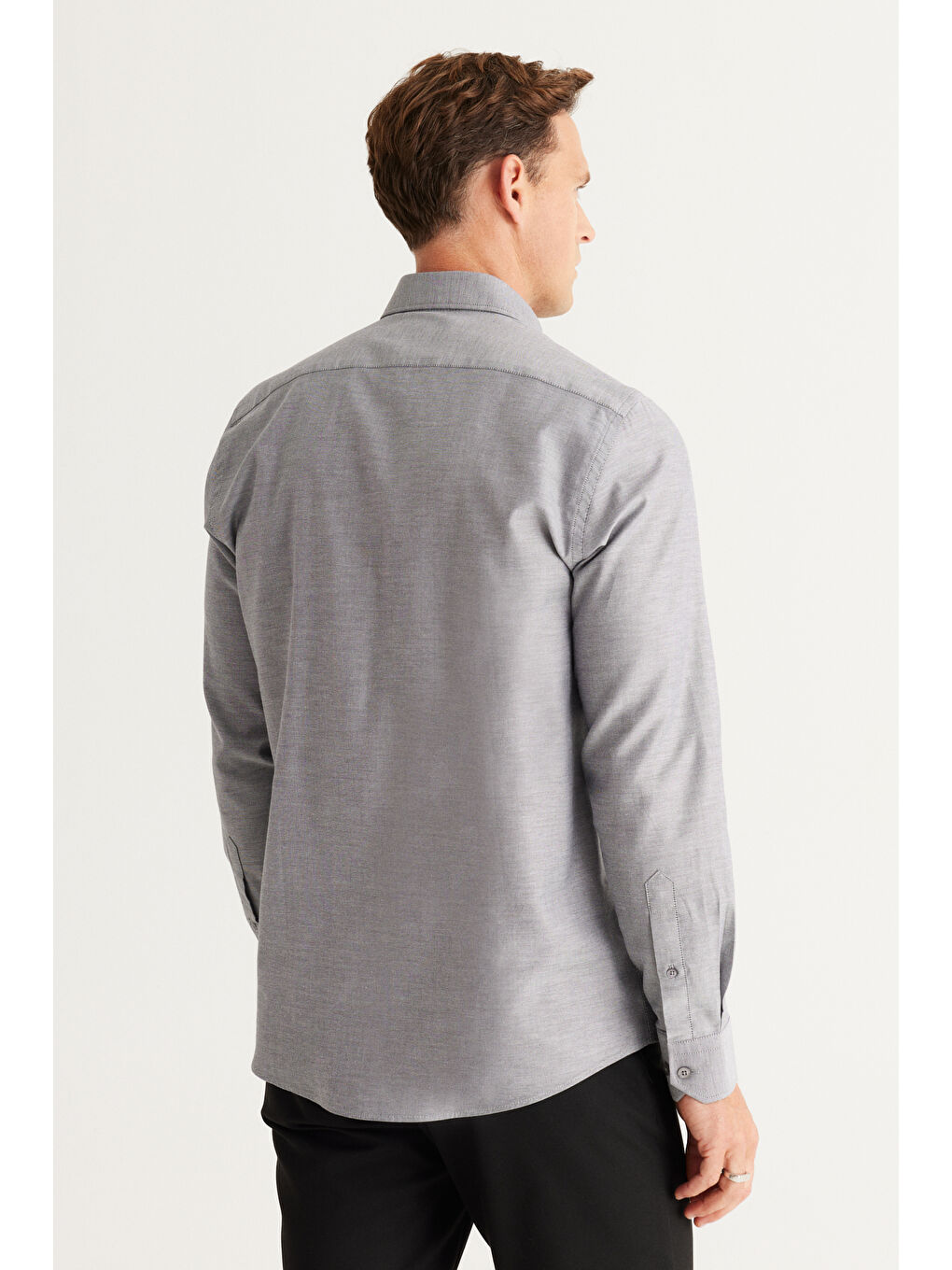 Erkek Gri Slim Fit Dar Kesim Düğmeli Yaka %100 Pamuk Oxford Gömlek-4
