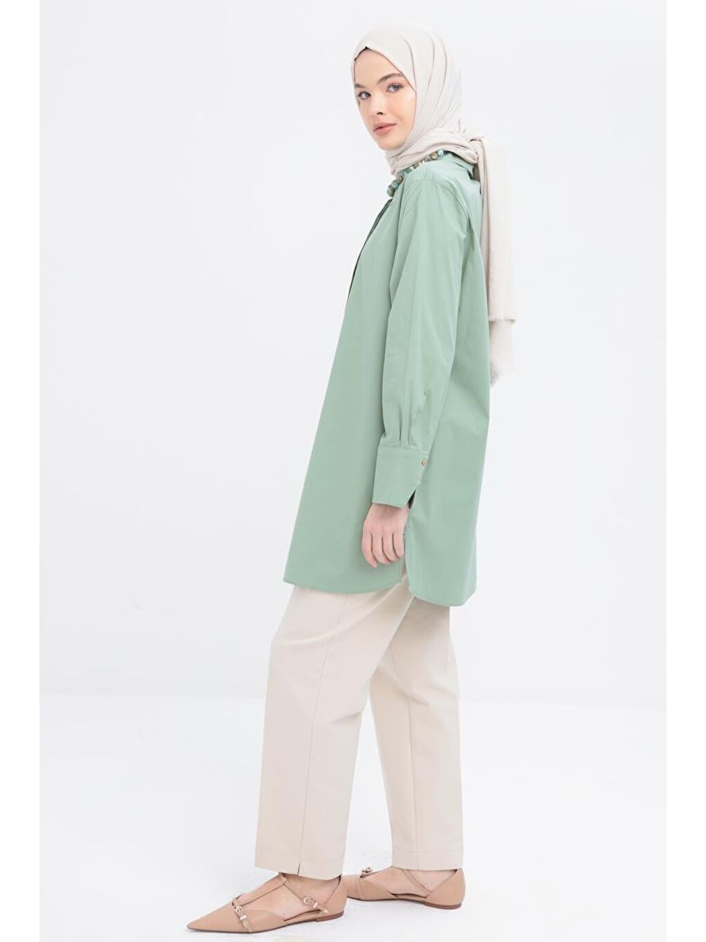 Yeşil Mint-Manşeti Yırtmaç Detaylı Poplin Gömlek-2