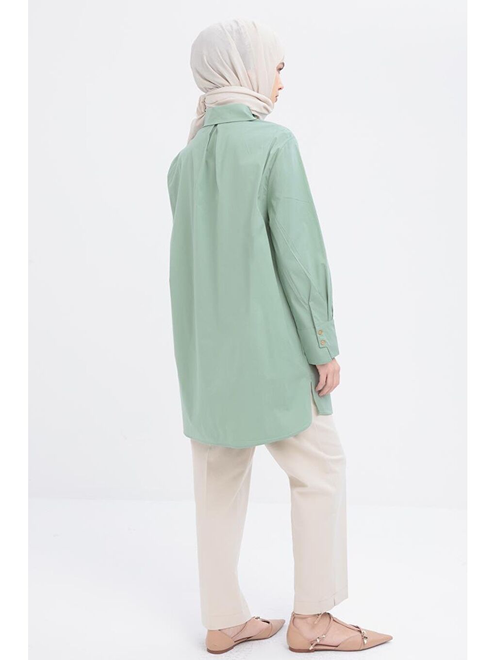 Yeşil Mint-Manşeti Yırtmaç Detaylı Poplin Gömlek-3