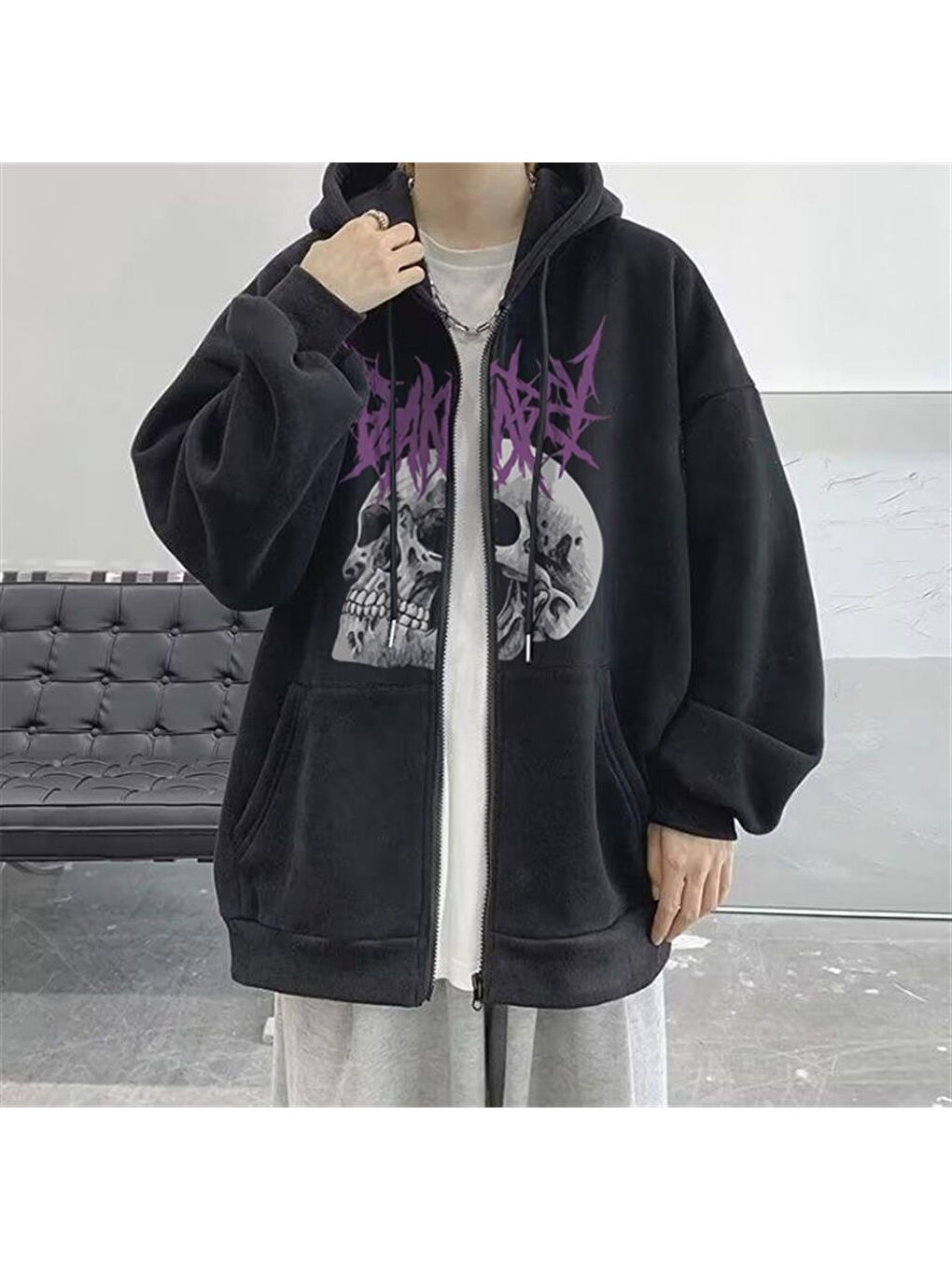 Touz Moda Siyah Baskılı Oversize Fermuarlı Siyah Unisex Fermuarlı Sweatshırt