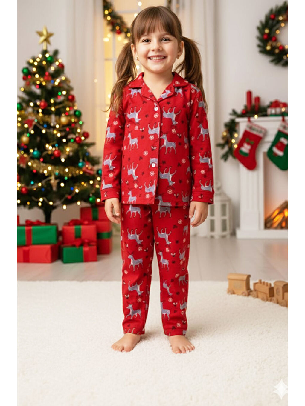 Kırmızı Kız Çocuk Pat Yakalı-Baskılı ve Düğme Kapamalı-%100 Pamuk Süet Pijama Takımı 12443-1