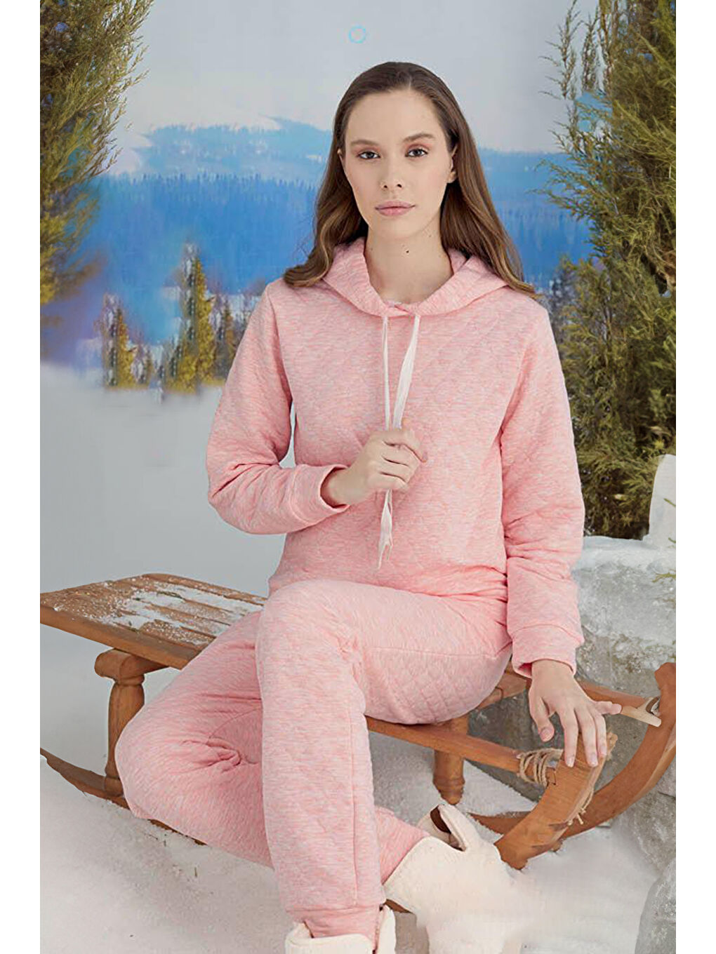Kadın Kapüşonlu Uzun Kol Kalın Kumaş Pijama Takımı 240430 Pembe03-1
