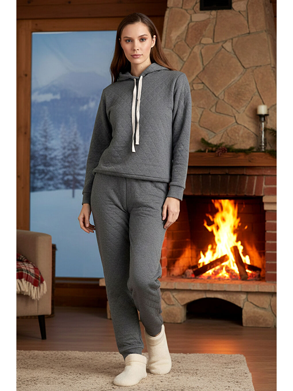 Kadın Kapüşonlu Uzun Kol Kalın Kumaş Pijama Takımı 240436 Gri01-1