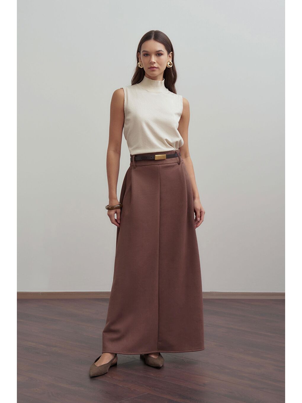 Kahverengi Kahve-Pili Detaylı Scuba Süet Etek