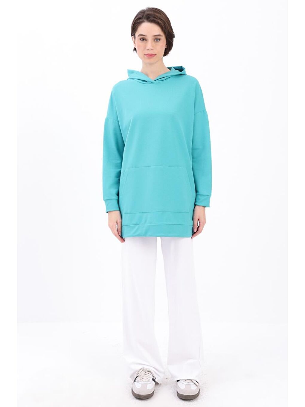 Turkuaz Kapüşonlu Sweat Tunik-1