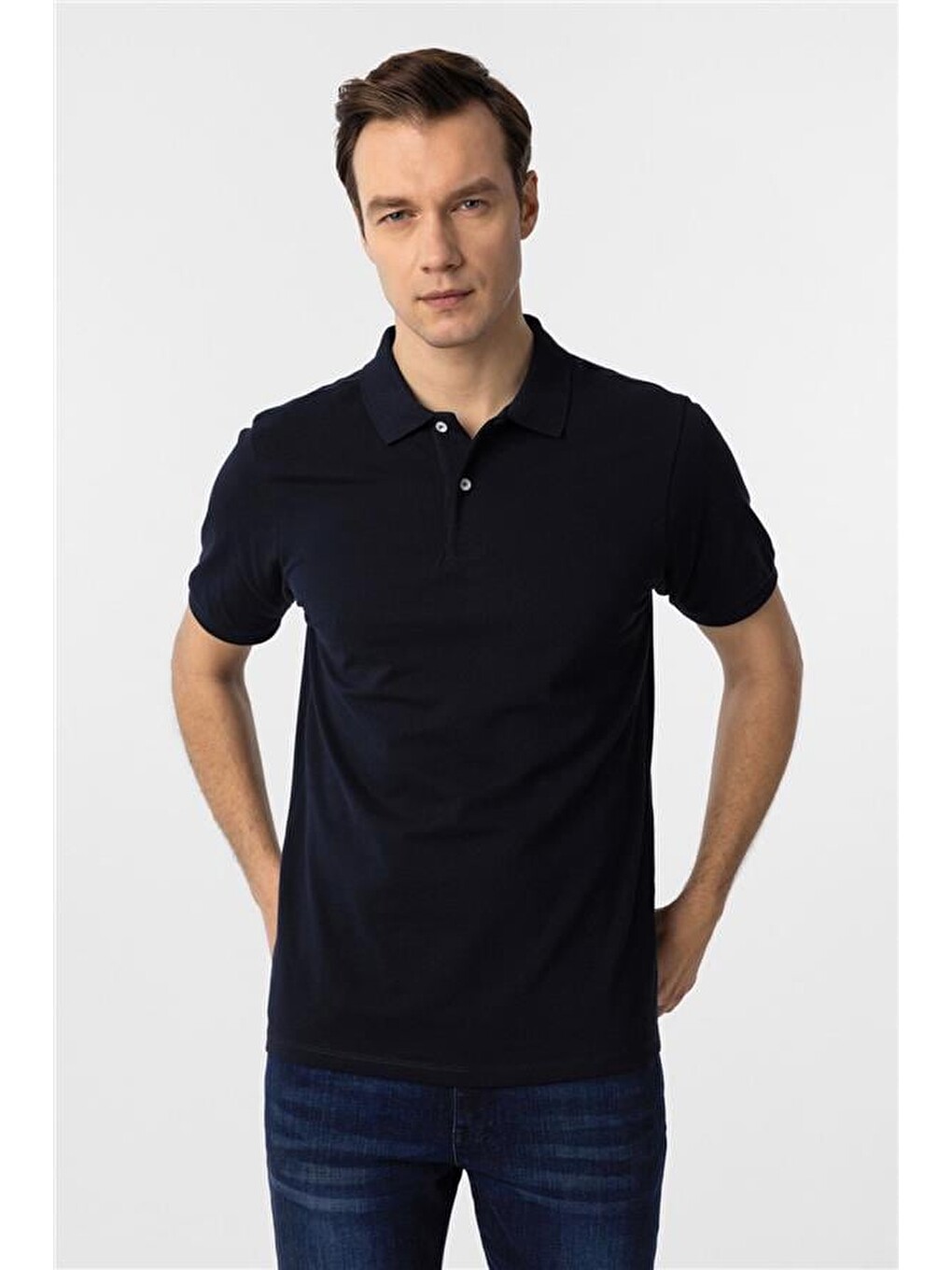 Lacivert Regular Armürlü Polo Yaka Tişört-1