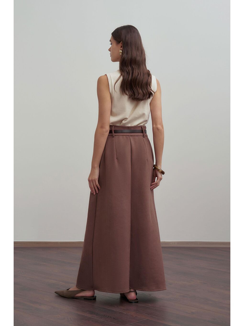 Kahverengi Kahve-Pili Detaylı Scuba Süet Etek-2