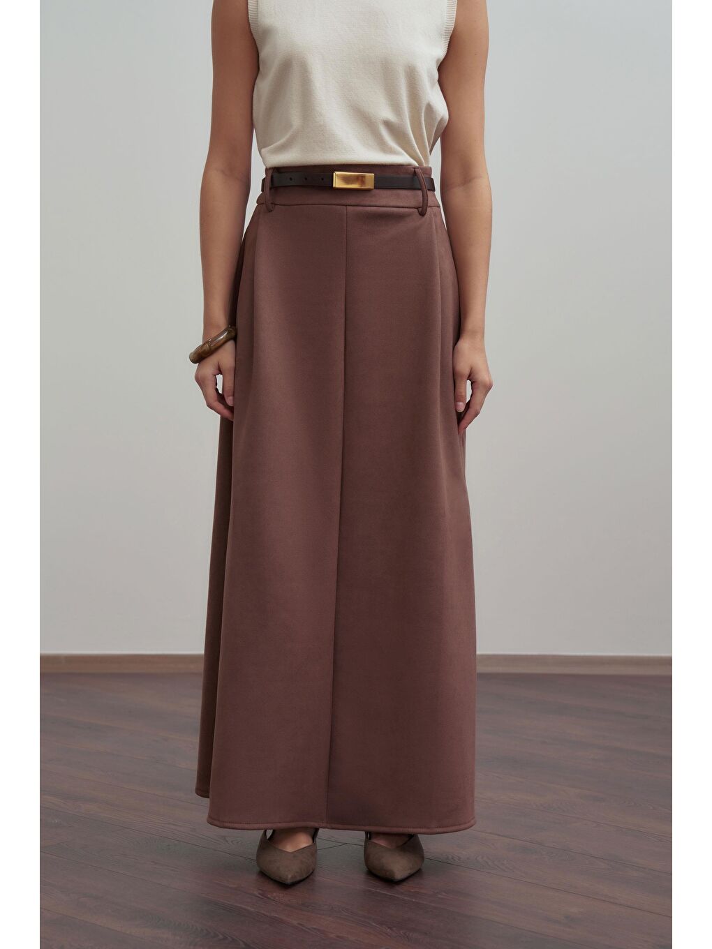 Kahverengi Kahve-Pili Detaylı Scuba Süet Etek-3