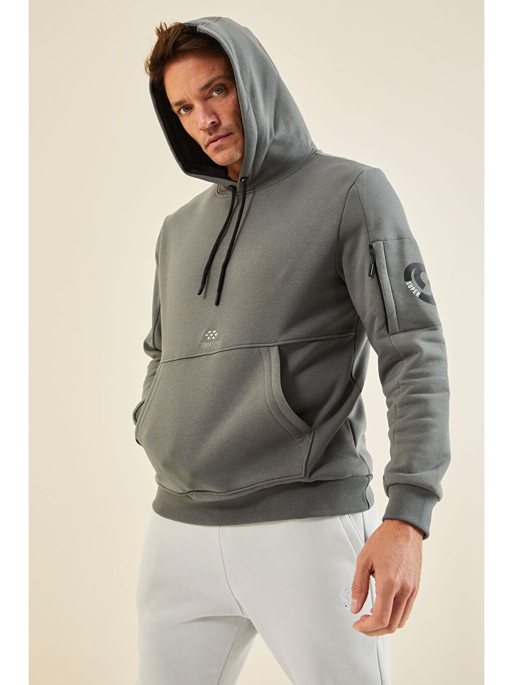 Haki Rahat Form Erkek Kapüşonlu Sweatshirt - 88298