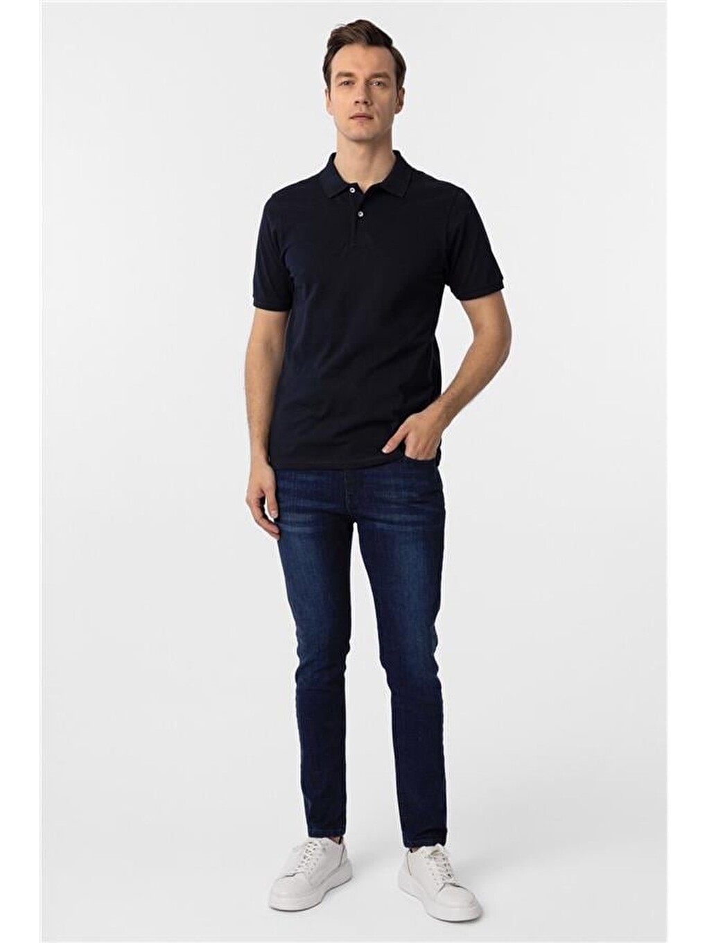 Lacivert Regular Armürlü Polo Yaka Tişört-4