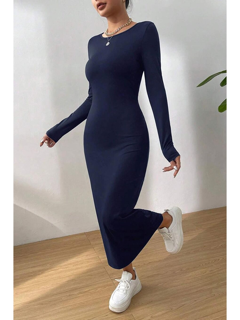 Lacivert Basic Yarım Balıkçı Uzun Kollu Elbise-3