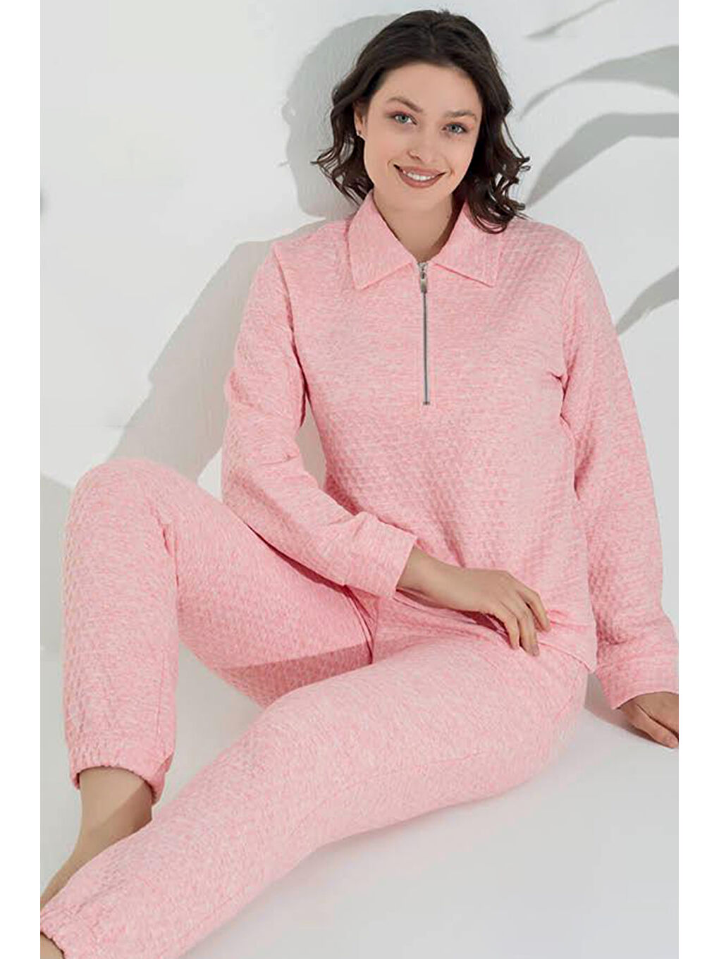 Kadın Uzun Kol Fermuar Detay Petek Dokuma Pijama Takımı 240441 Pembe02-1