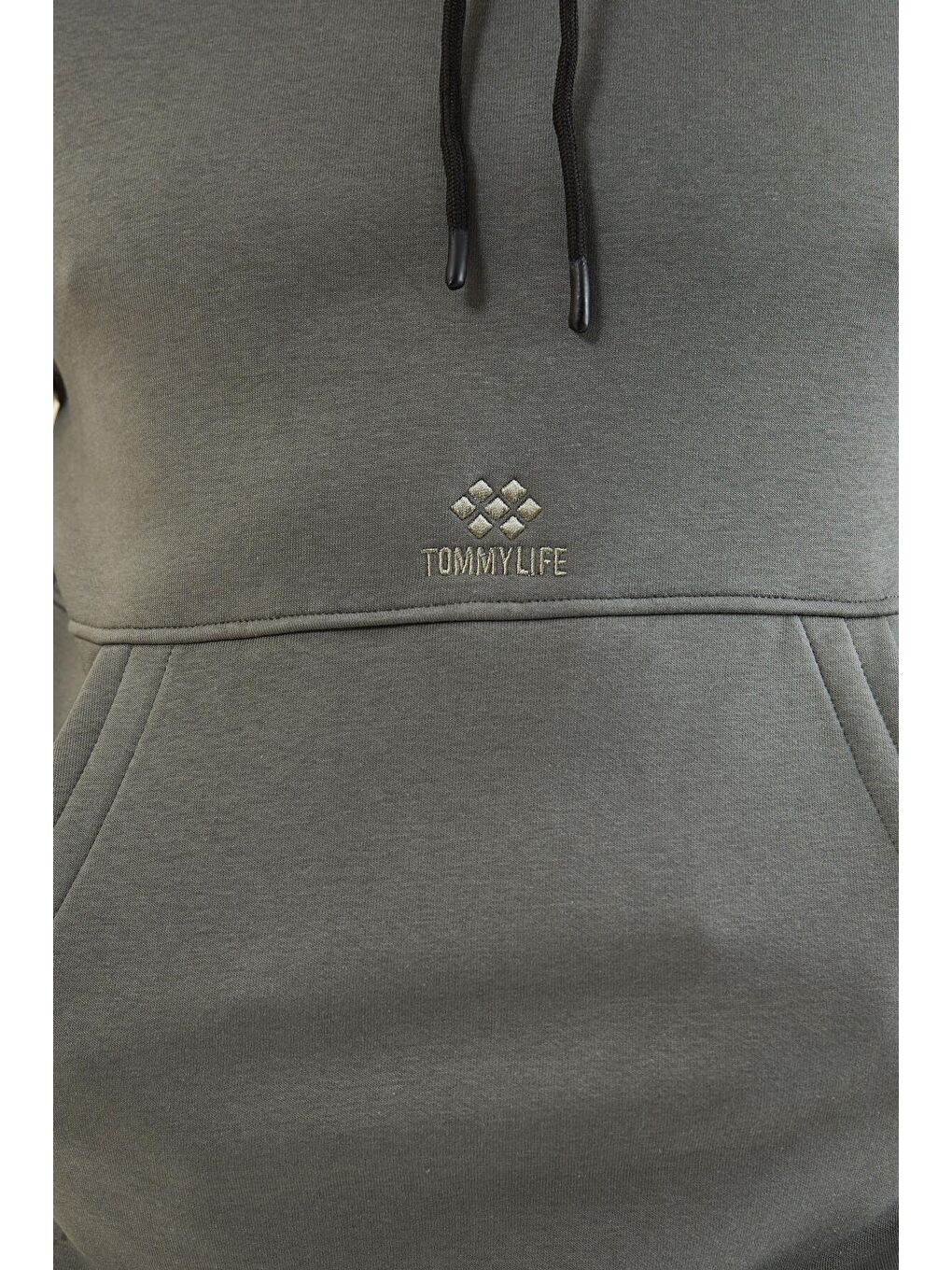 Haki Rahat Form Erkek Kapüşonlu Sweatshirt - 88298-1