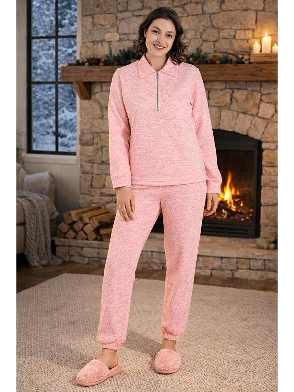 Kadın Uzun Kol Fermuar Detay Petek Dokuma Pijama Takımı 240441 Pembe02-2