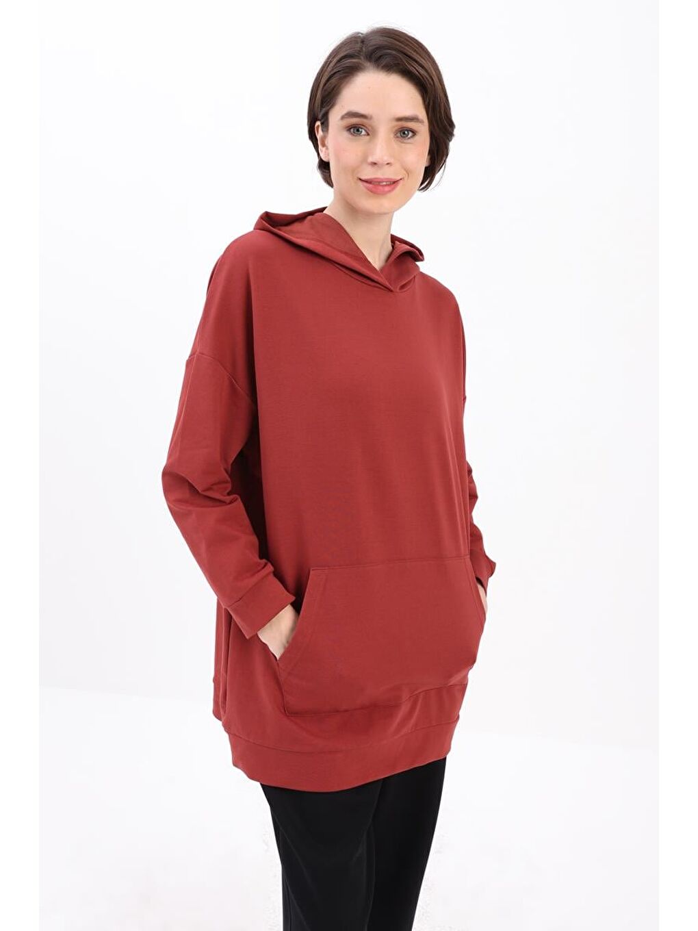 Kahverengi Kiremit Kapüşonlu Sweat Tunik