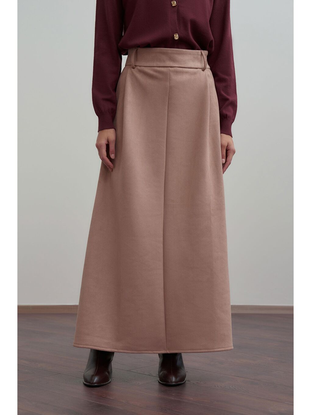 Bej Vizon-Pili Detaylı Scuba Süet Etek-3