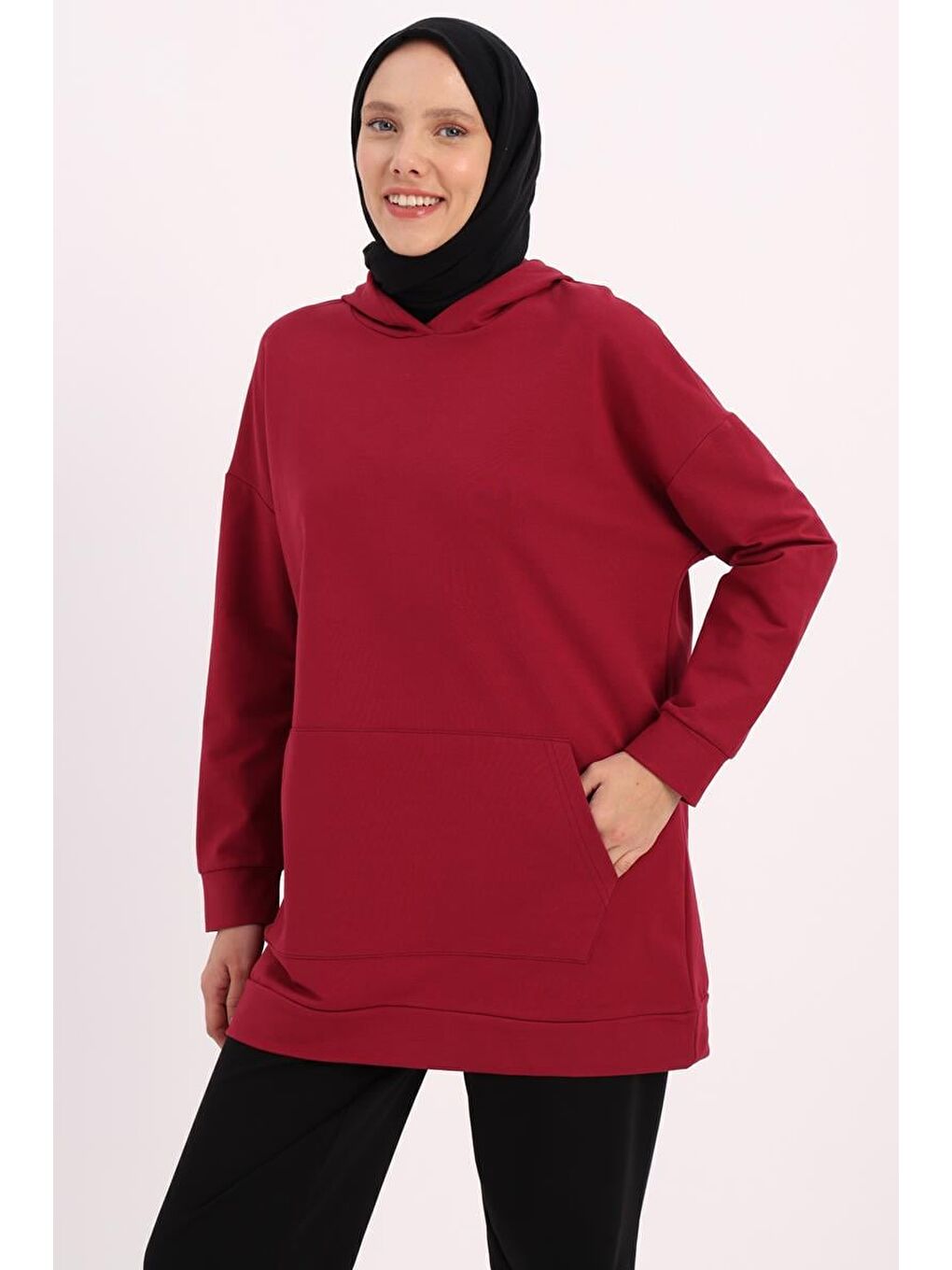 Bordo Kapüşonlu Sweat Tunik