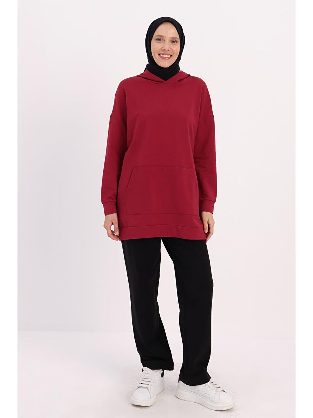 Bordo Kapüşonlu Sweat Tunik-1