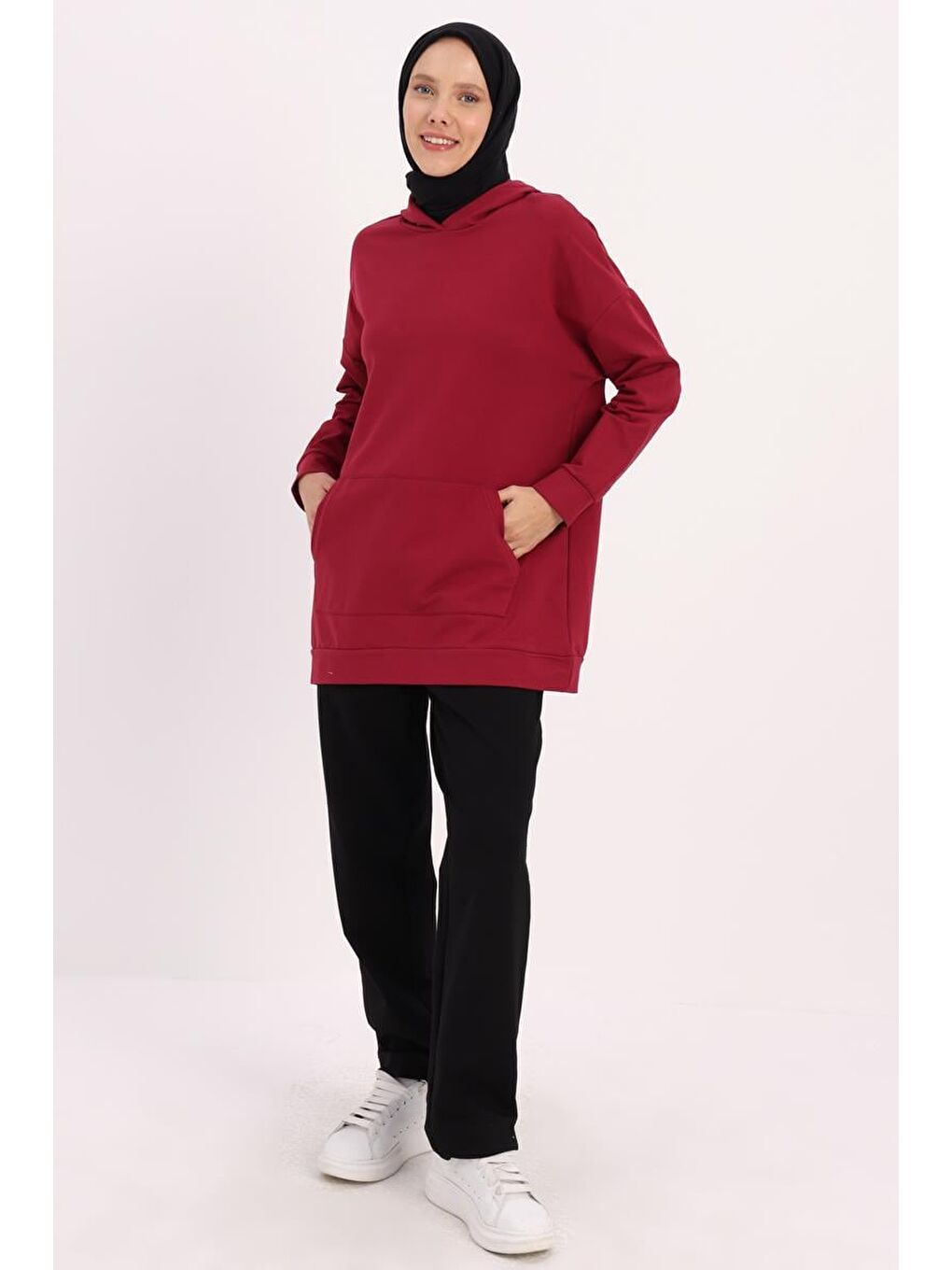 Bordo Kapüşonlu Sweat Tunik-2