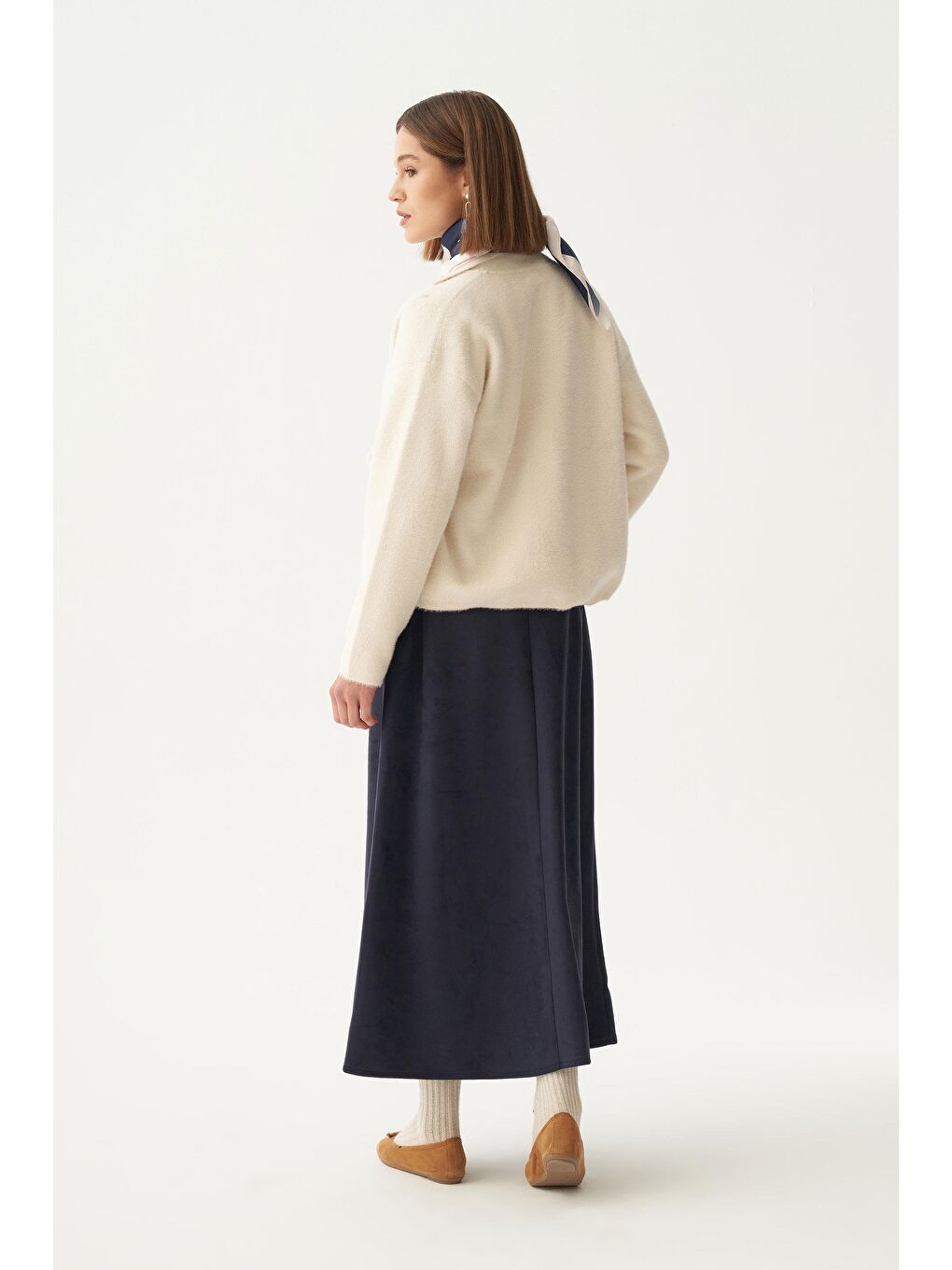 Lacivert-Pili Detaylı Scuba Süet Etek-3