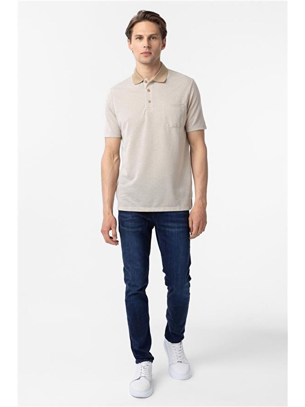 Bej Regular Armürlü Polo Yaka Tişört-5