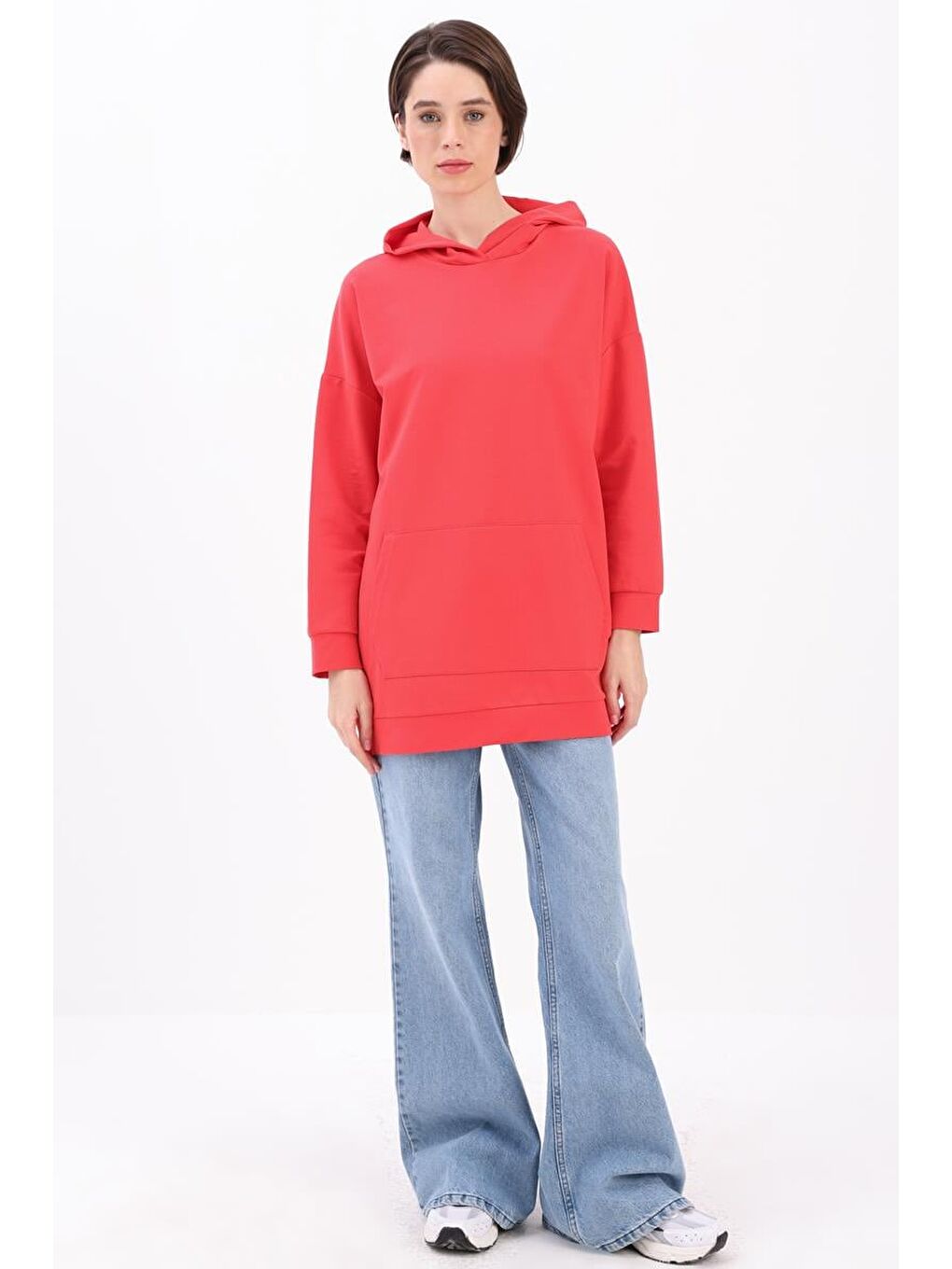 Kırmızı Nar Çiçeği Kapüşonlu Sweat Tunik-1