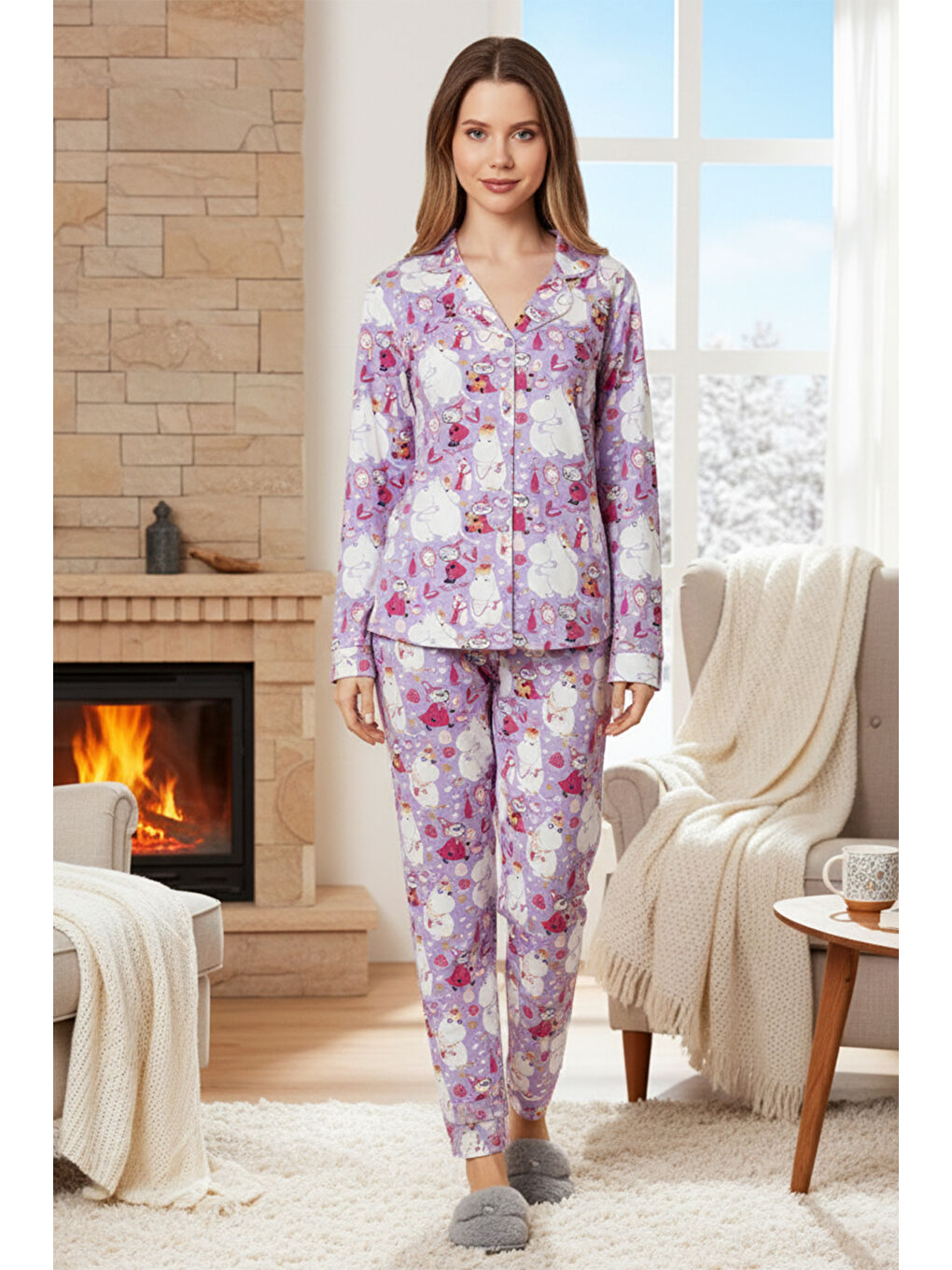 Kadın Desenli Önü Düğmeli Suprem Pijama Takımı 0399 Mor02-2