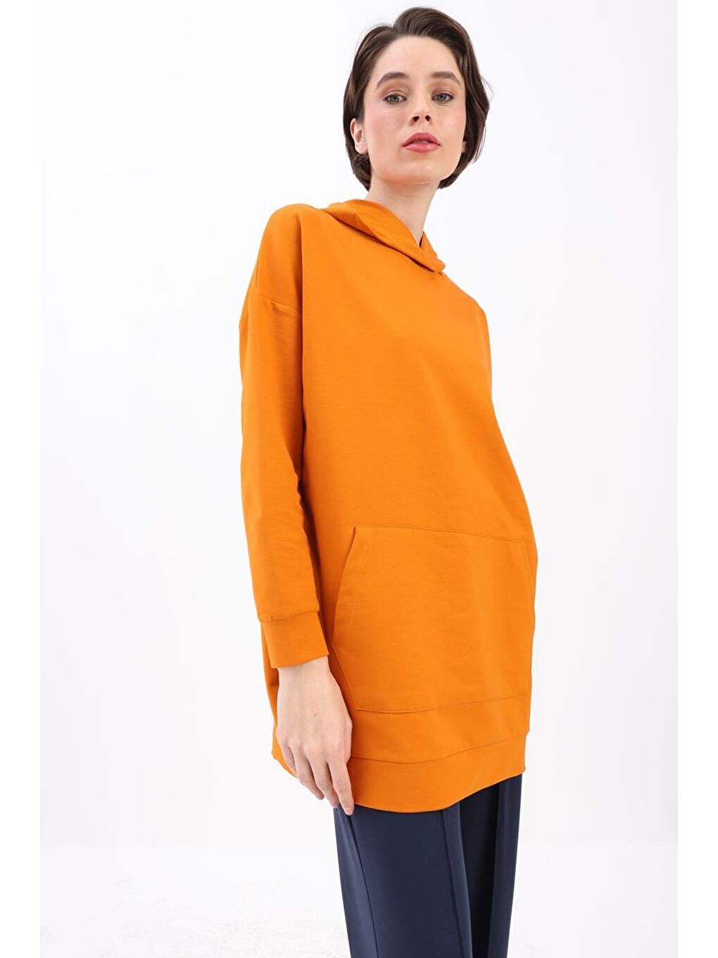 Turuncu Kapüşonlu Sweat Tunik