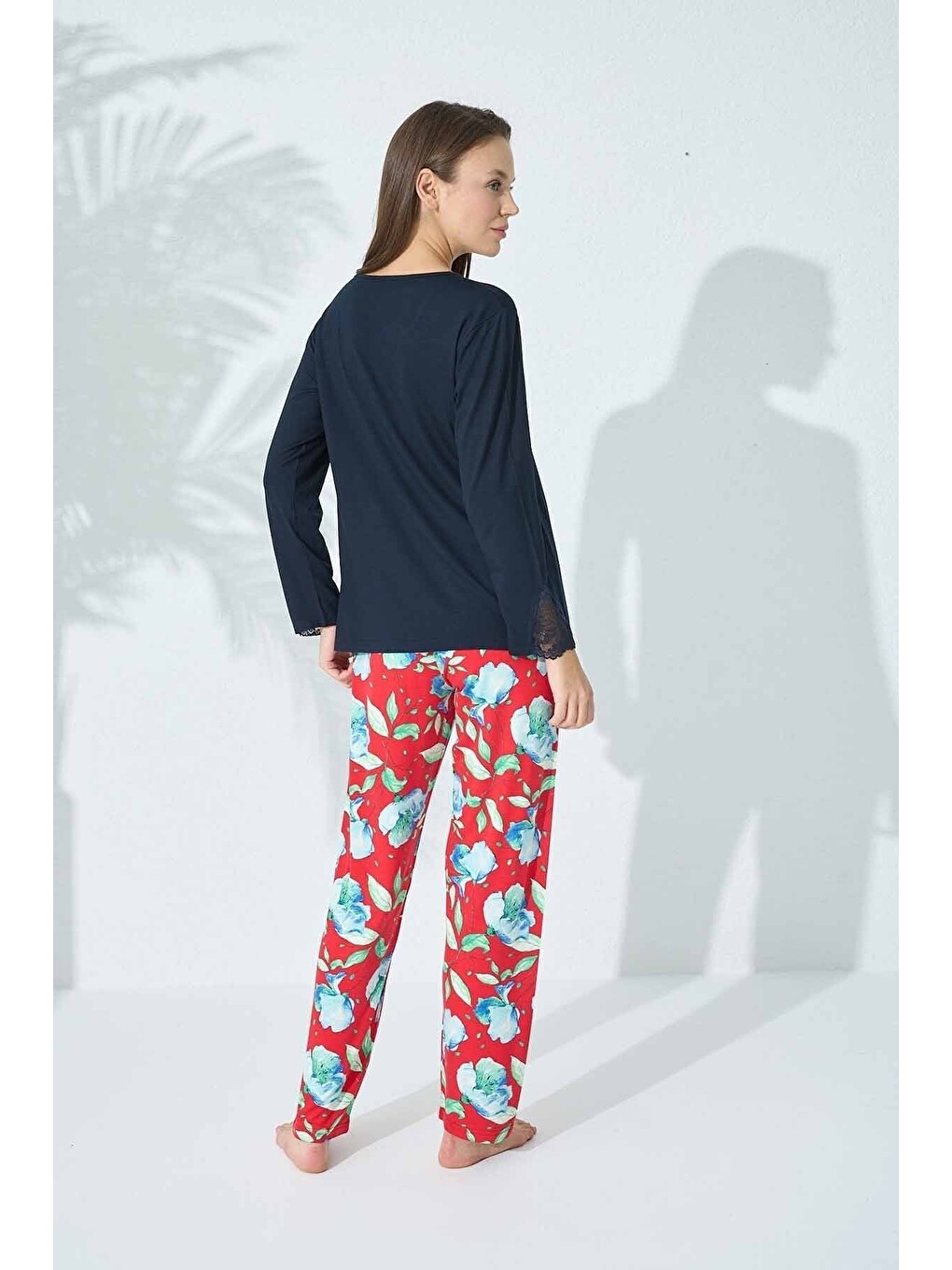 Lacivert Dantel Detaylı Viskon Pijama Takım-3