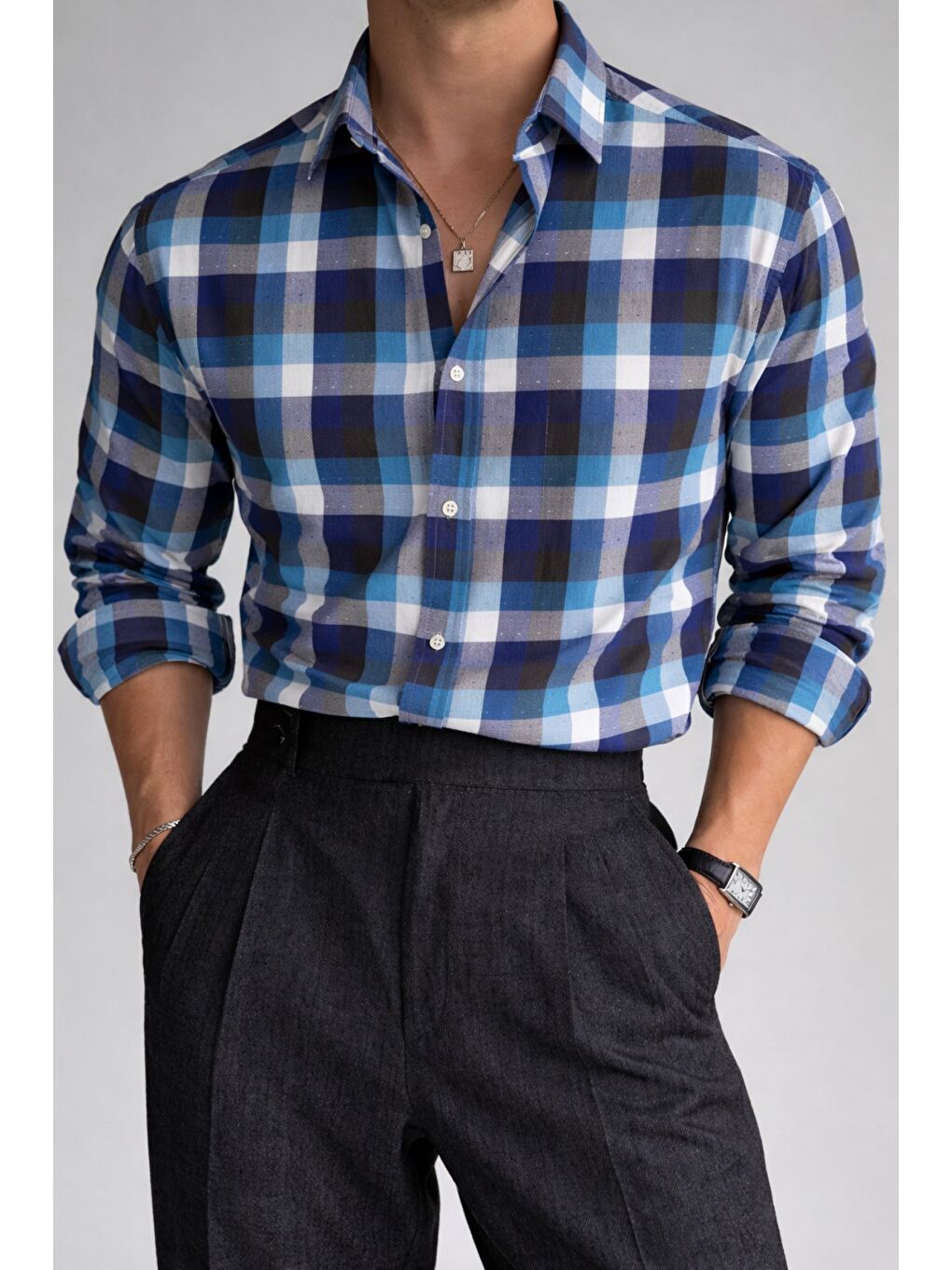 Lacivert Erkek Ekose Gömlek Slim Fit Pamuklu Uzun Kollu Günlük Gömlek