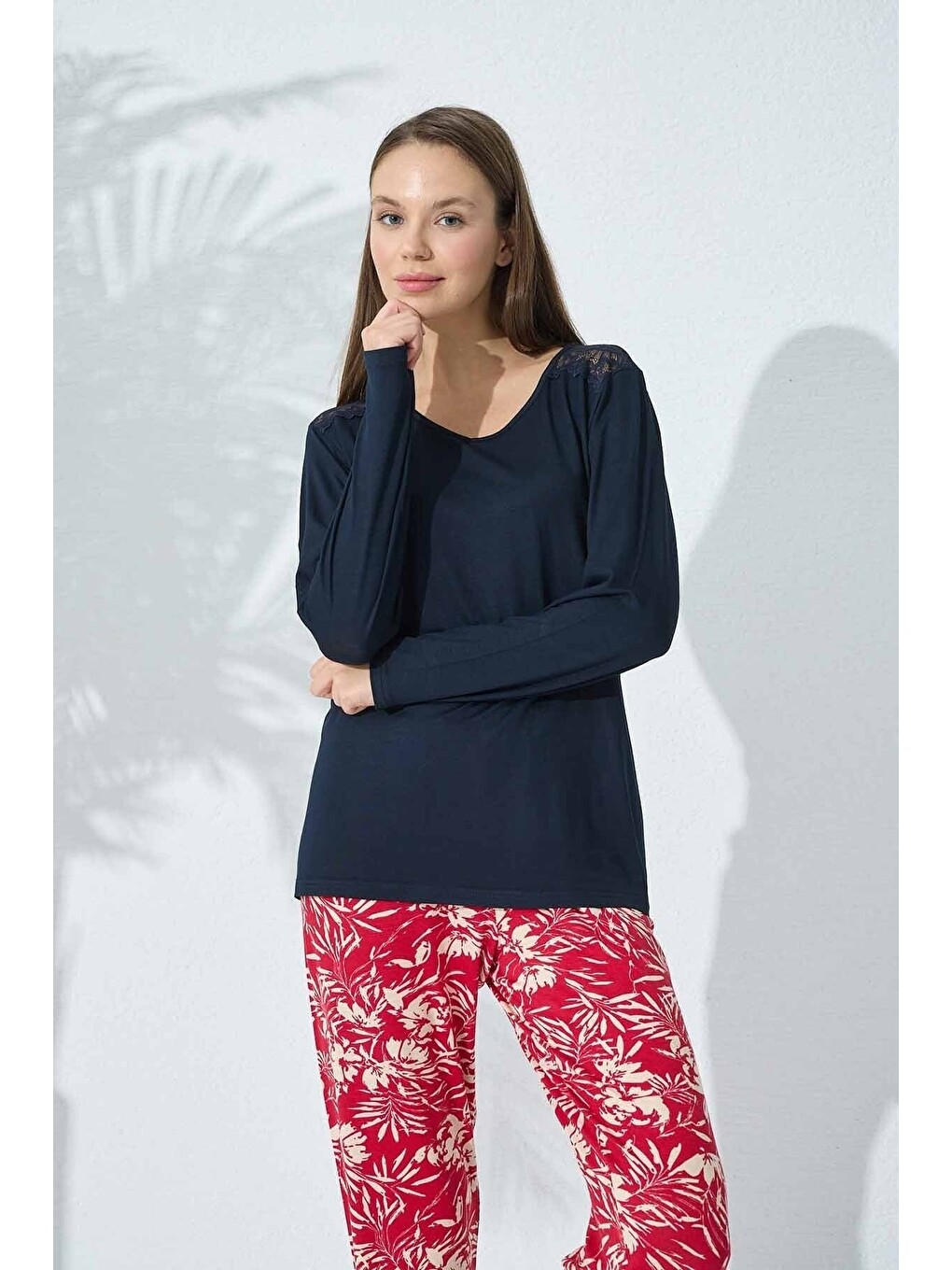 Lacivert Dantel Detaylı Viskon Pijama Takım-1