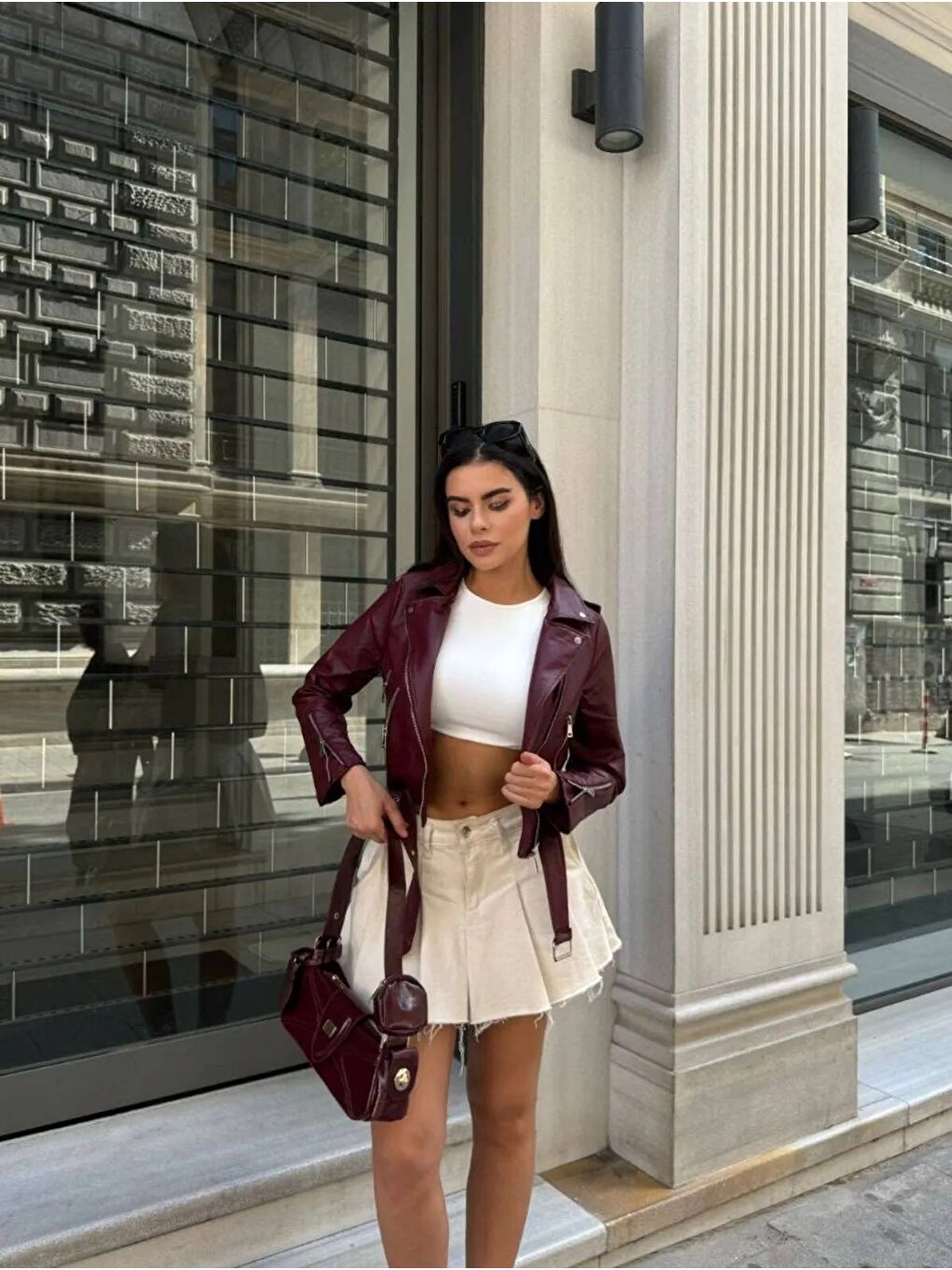 Kadın Bordo Fermuar Detaylı Deri Ceket-1