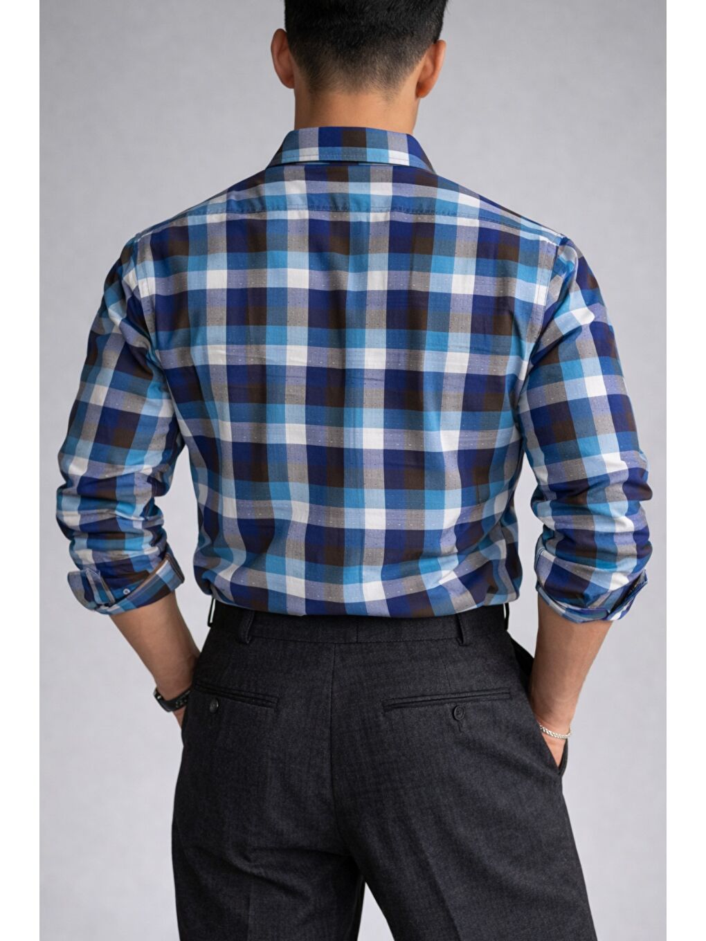 Lacivert Erkek Ekose Gömlek Slim Fit Pamuklu Uzun Kollu Günlük Gömlek-1