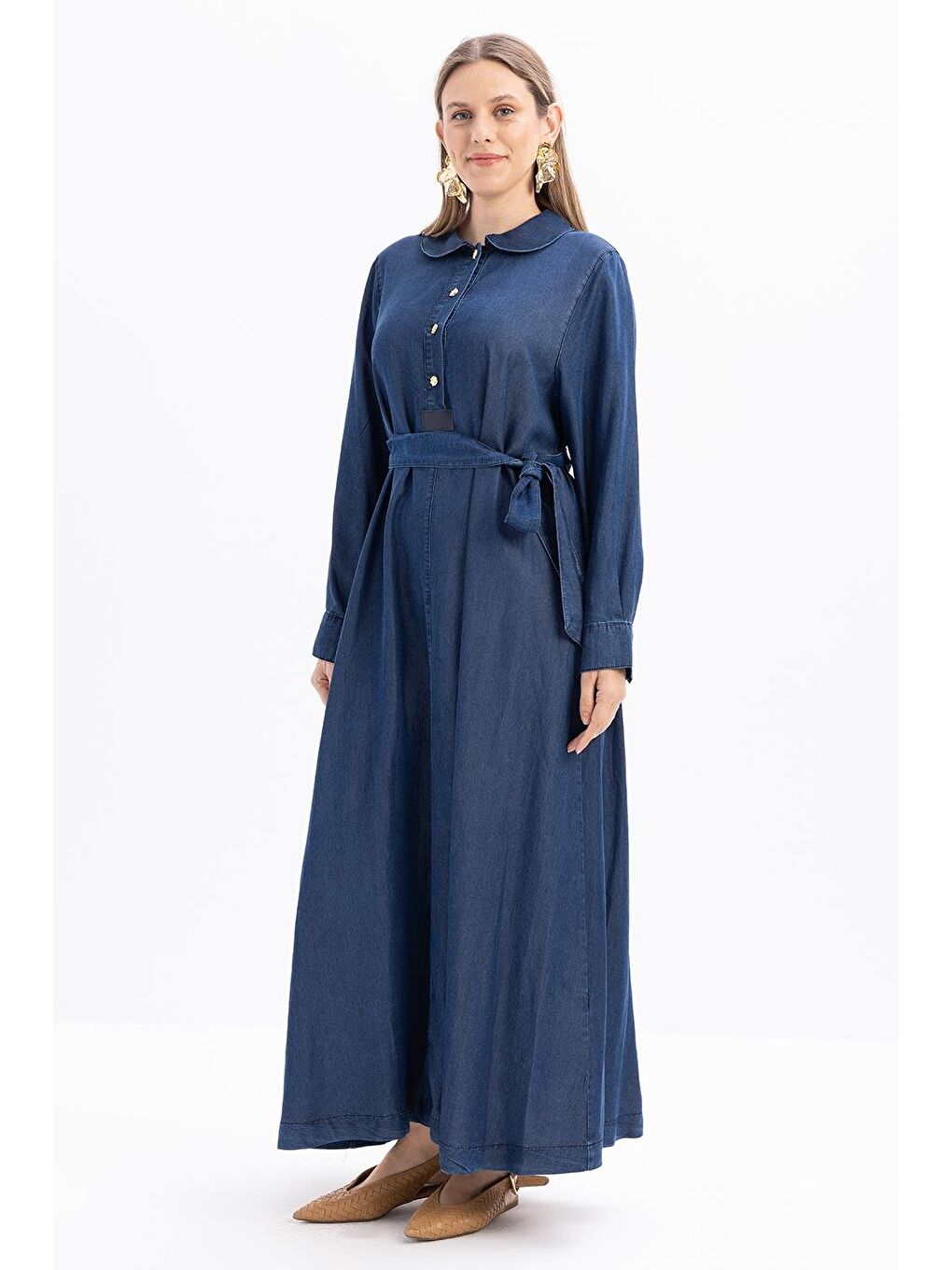 Koyu Mavi-Yarım Patlı Kuşaklı Denim Elbise-1
