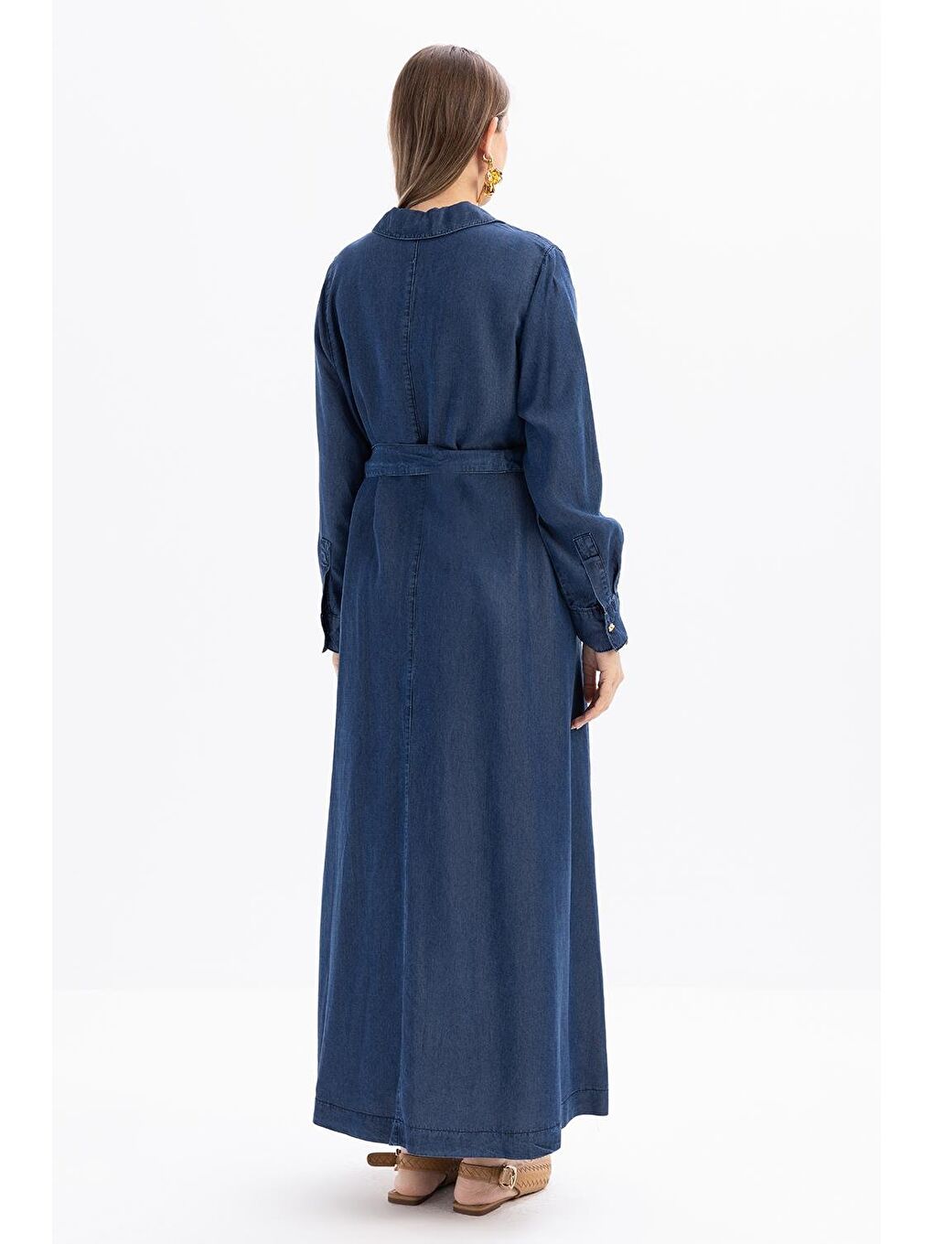 Koyu Mavi-Yarım Patlı Kuşaklı Denim Elbise-2