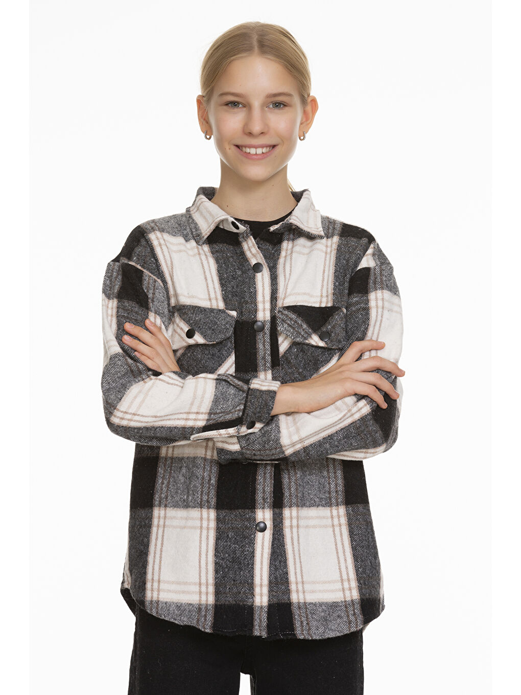 Antrasit Kız Çocuk Sırtı Pileli Ekose Oduncu Gömlek Px071-1