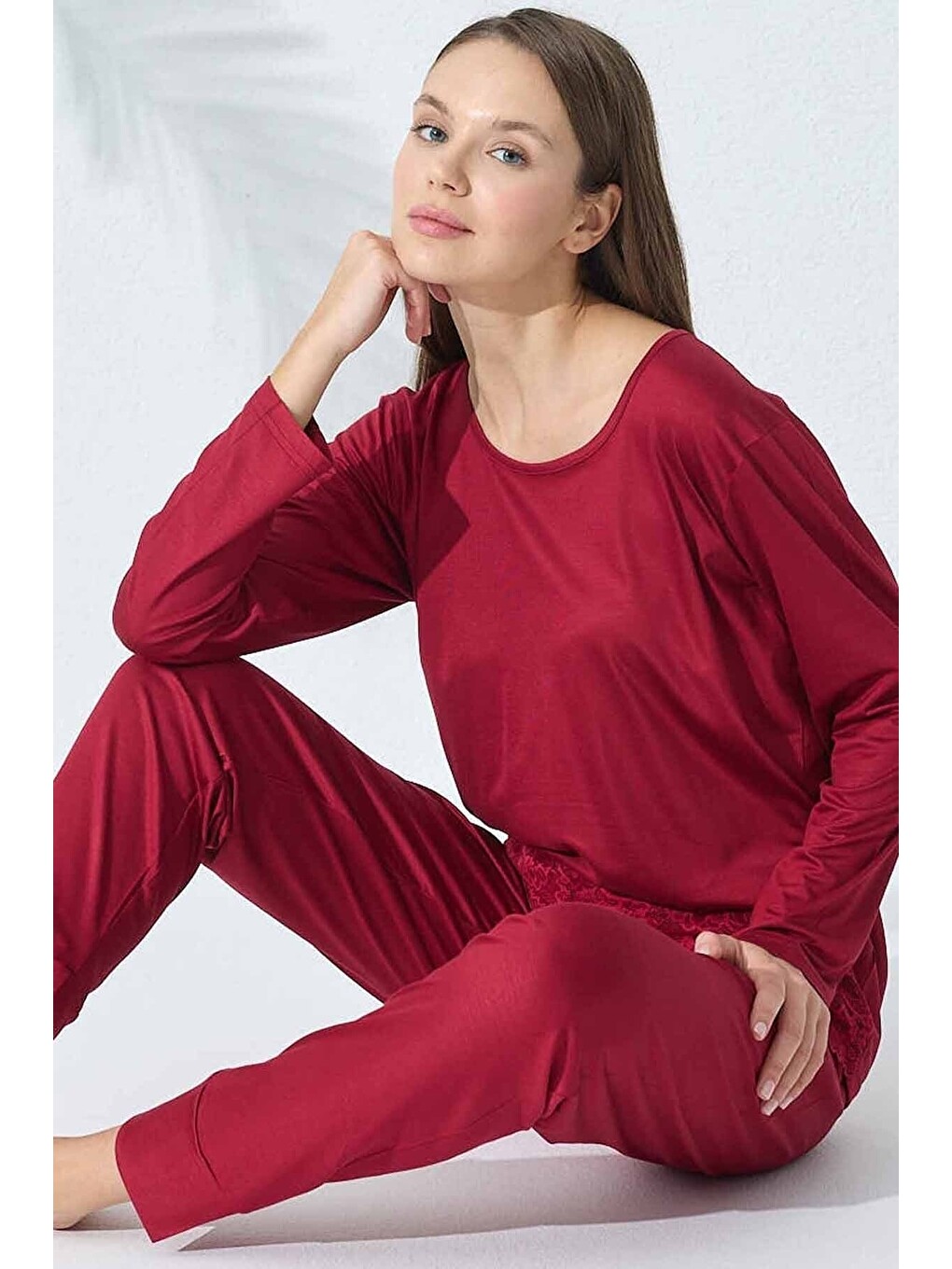 Bordo Dantel Detaylı Viskon Pijama Takım