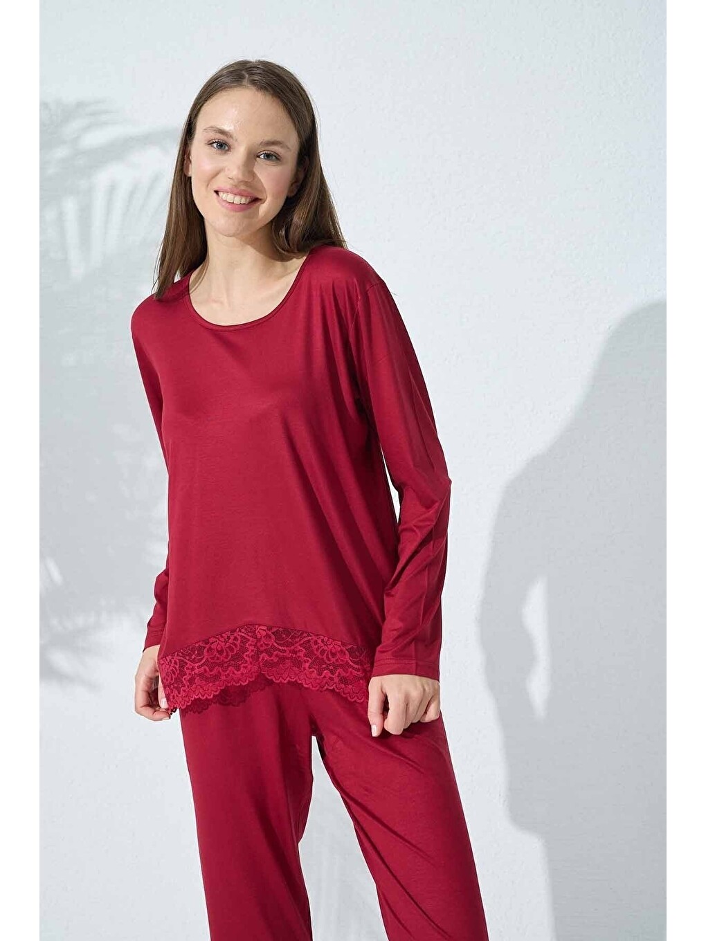 Bordo Dantel Detaylı Viskon Pijama Takım-1