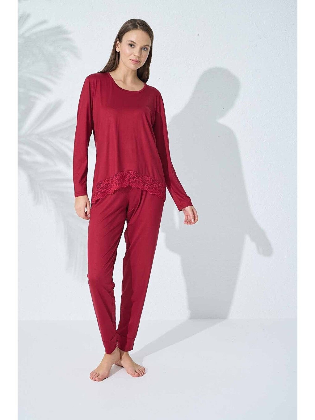 Bordo Dantel Detaylı Viskon Pijama Takım-2
